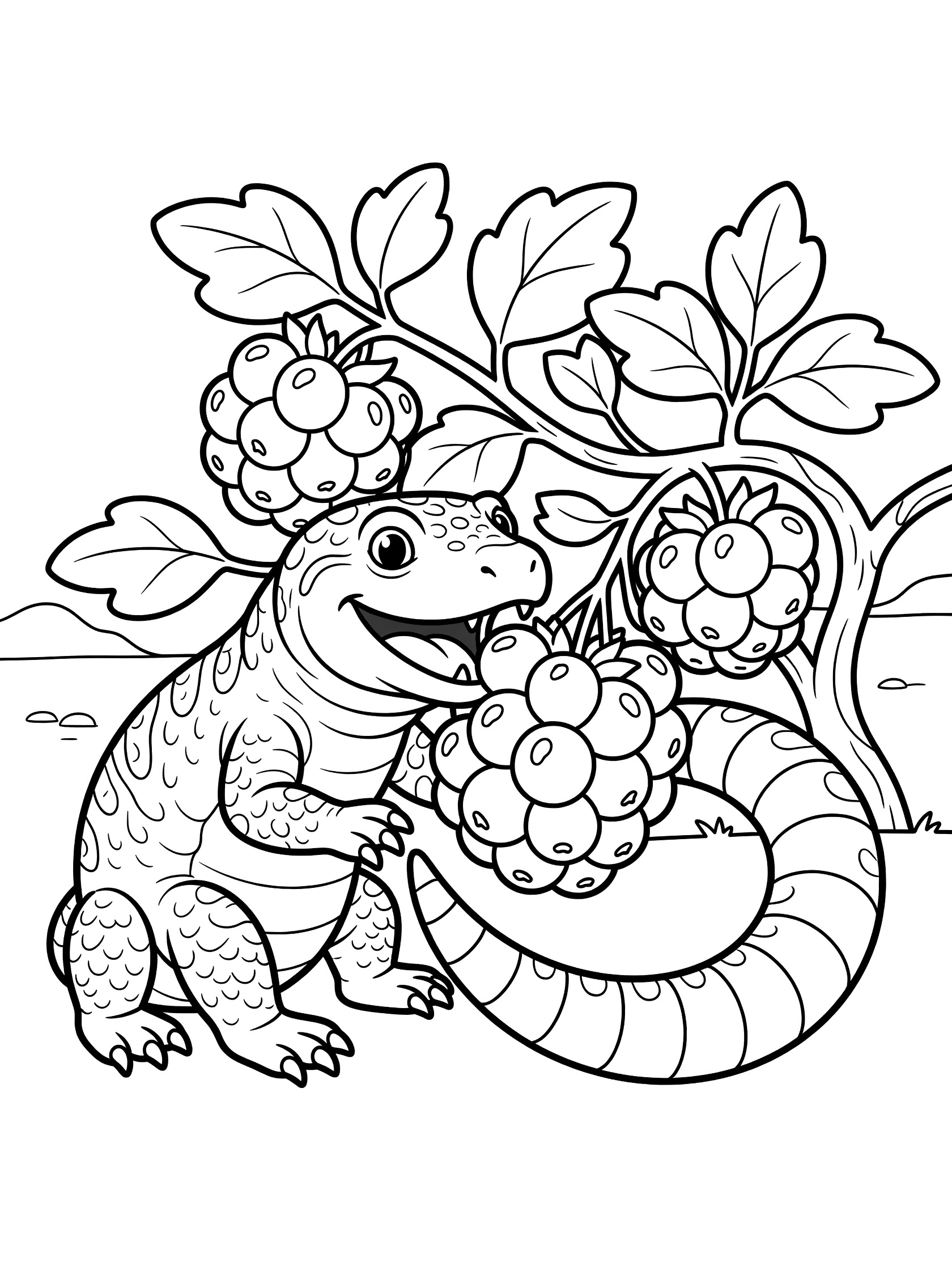 Black and white line art coloring page showing a lizard with open mouth eating berry clusters on a bush, with a snake coiled around berries. Gila Monster themed black and white printable line art