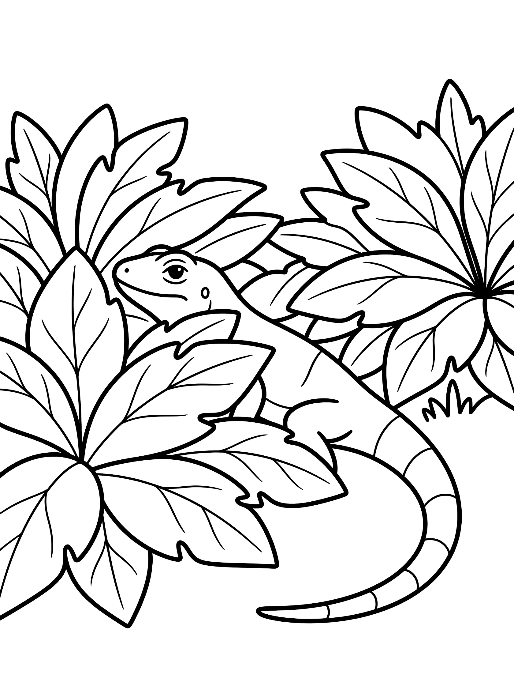 Black and white line art coloring page showing a lizard hiding behind large leaves with its tail sticking out. Iguana themed black and white printable line art