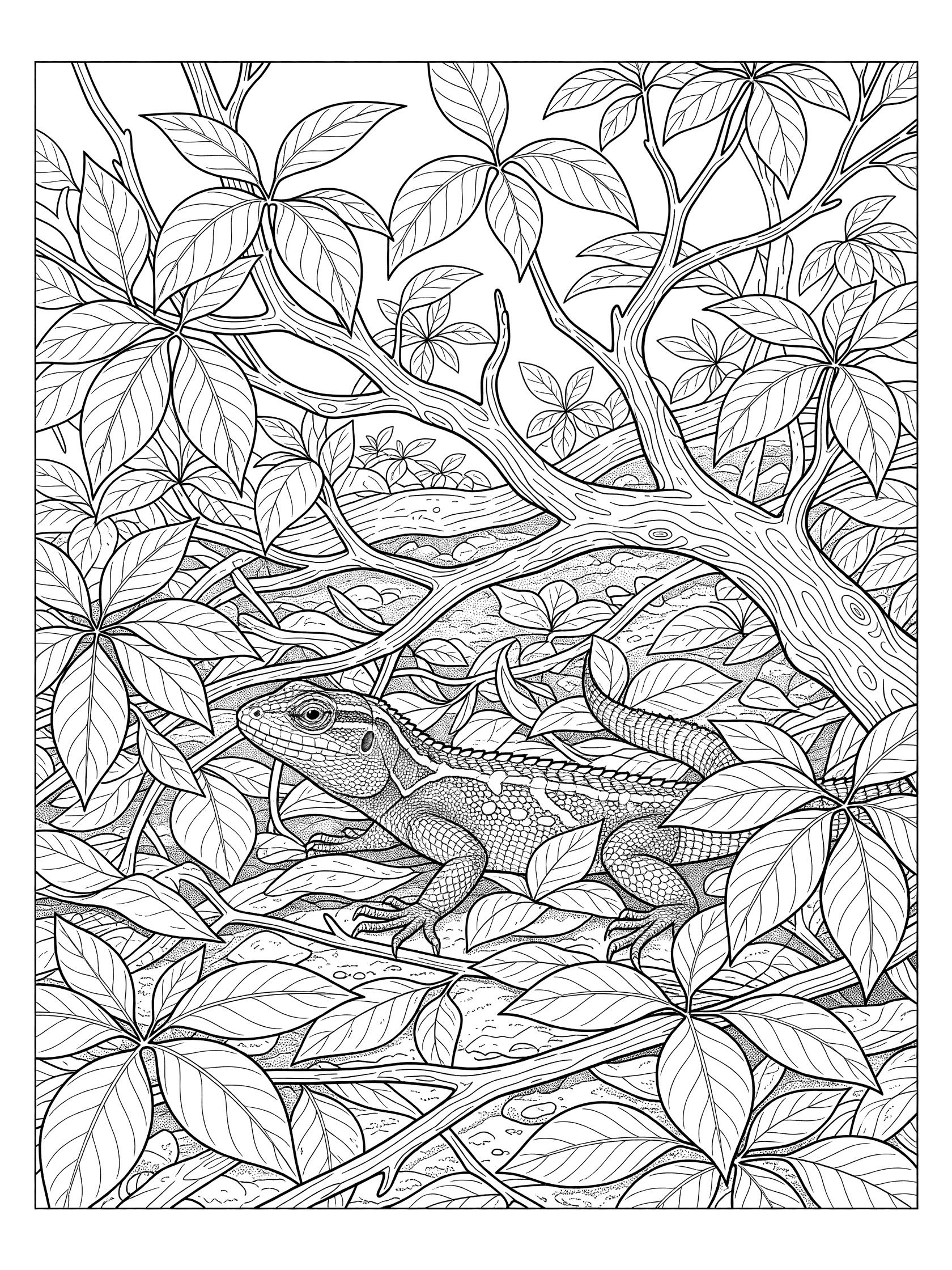 Black and white line art coloring page showing a lizard camouflaged in leaves and branches on a forest floor with detailed scales and foliage.