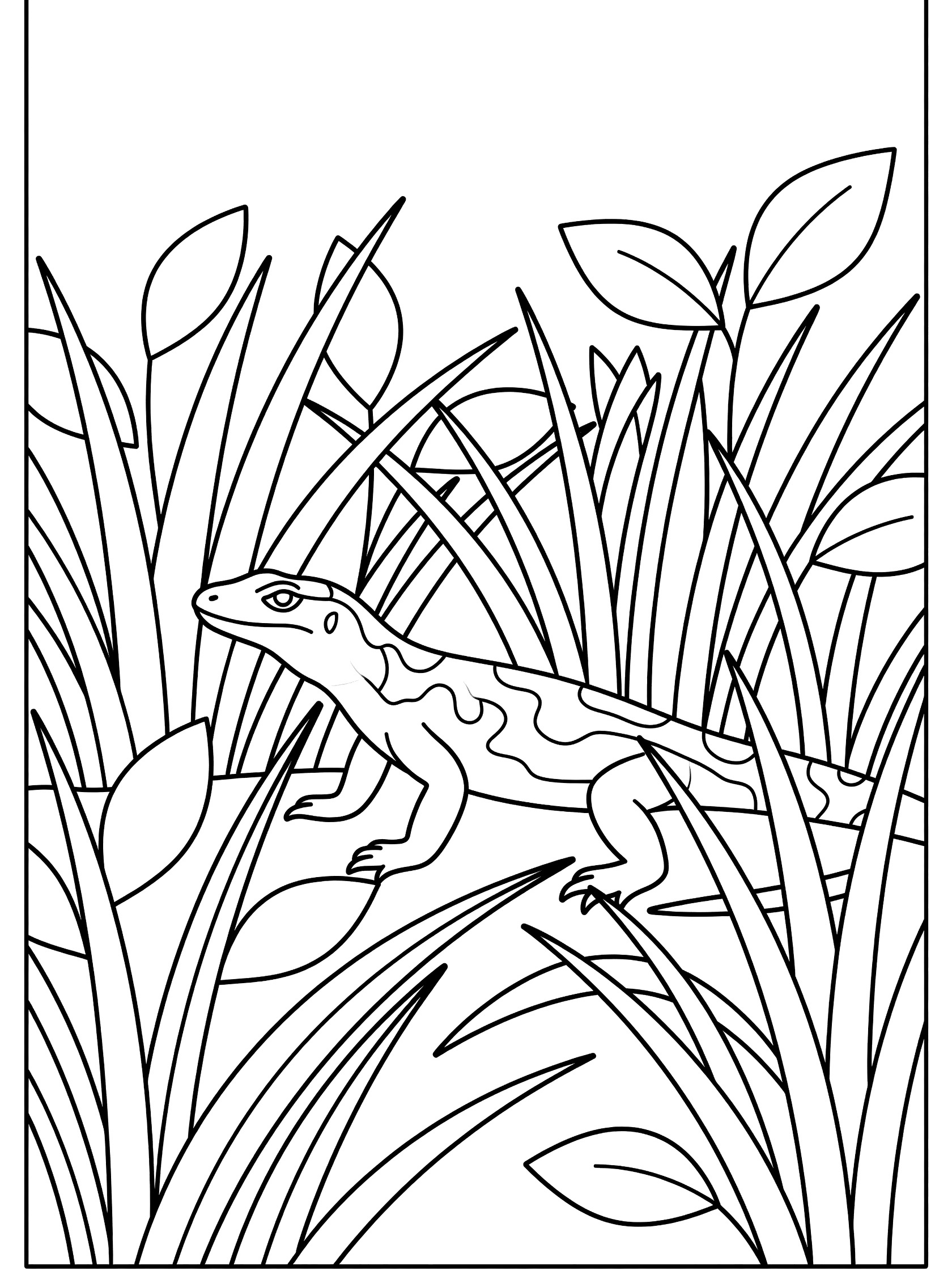 Black and white coloring page of a lizard camouflaged in tall grass with leaves, clean line art for kids. Monitor Lizard themed black and white printable line art