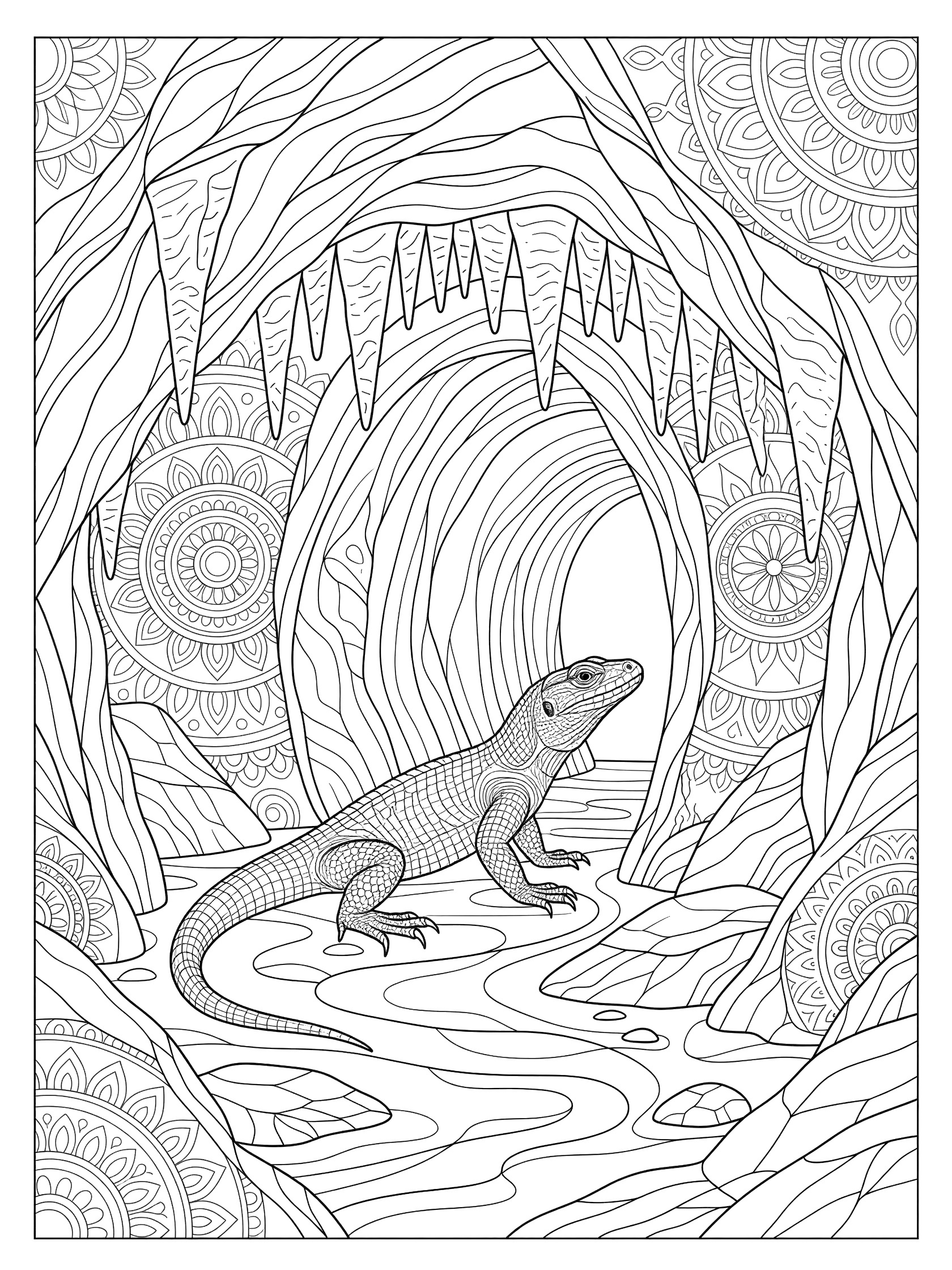 Black and white line art coloring page showing a lizard walking into a cave with stalactites hanging from the top, patterned rock walls, and ground details. Monitor Lizard themed black and white printable line art