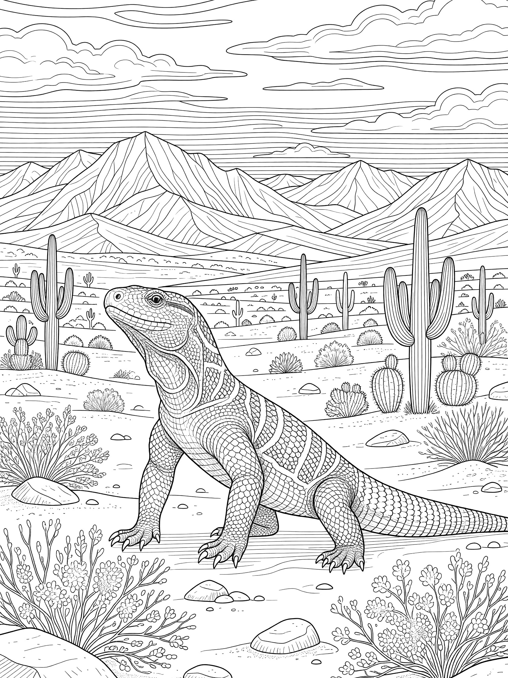 Black and white line art coloring page of a lizard with patterned scales in a desert with tall cacti, rocky ground, distant mountains, and patterned sky. Gila Monster themed black and white printable line art