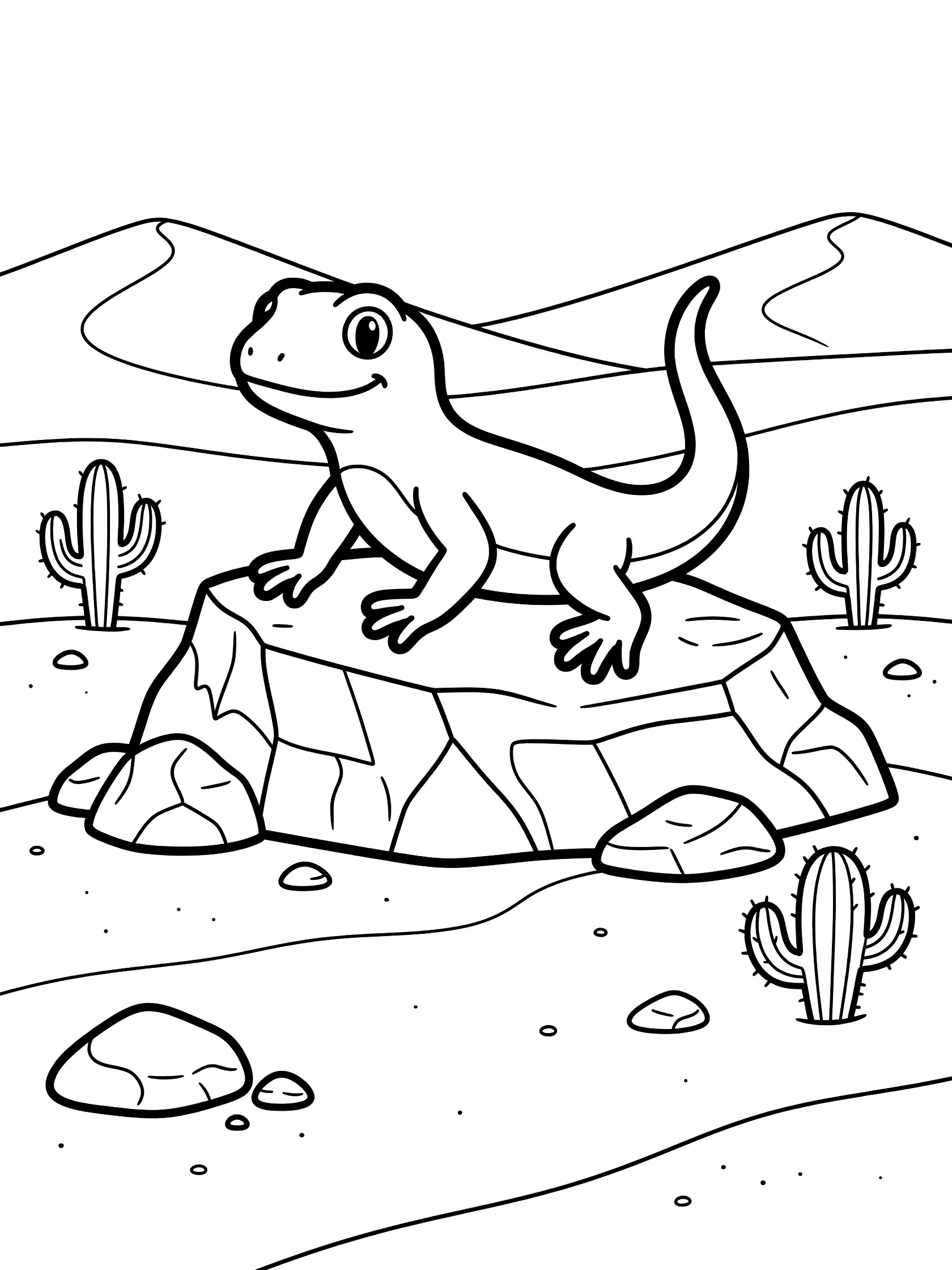 Printable coloring page showing a cute lizard with curled tail on a rock formation surrounded by cacti and pebbles in the Arabian Desert, line art style.