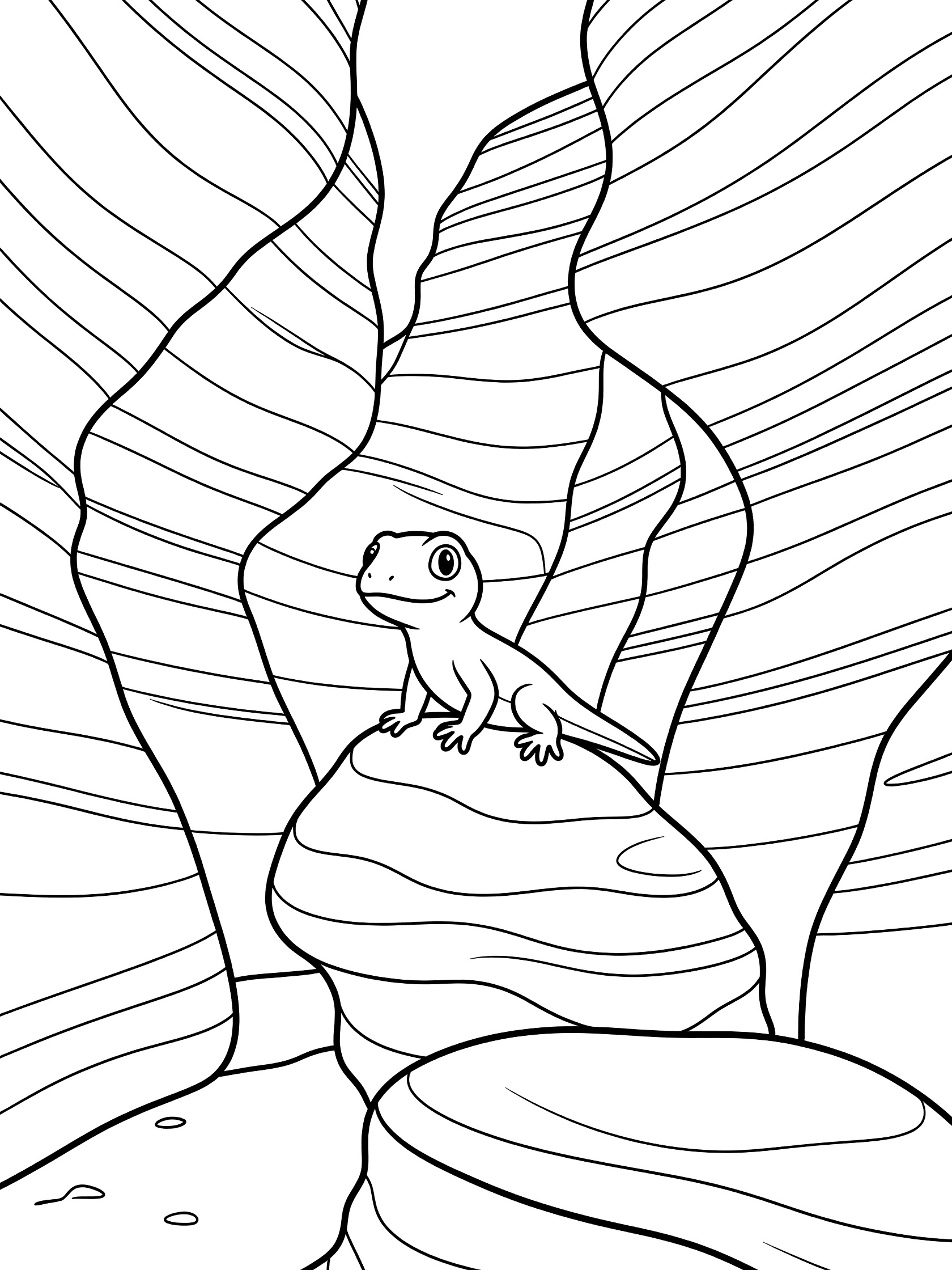 Printable coloring page showing a cartoon lizard perched on a large rock amid tall wavy canyon walls with black outlines on white background. Antelope Canyon themed black and white printable line art