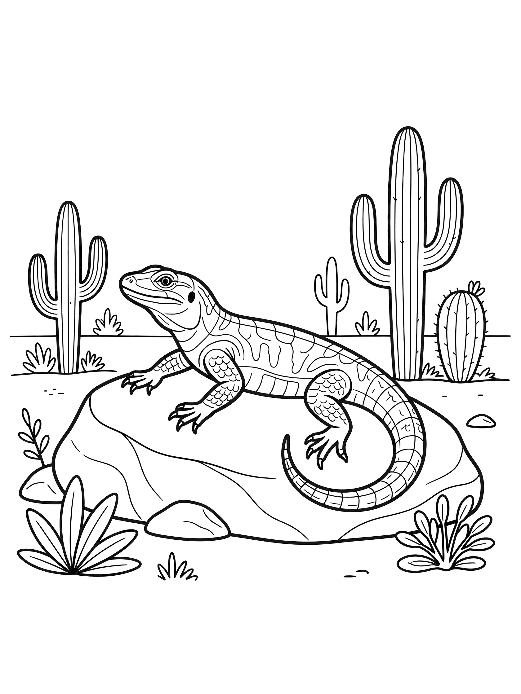 Black and white line art coloring page showing a lizard on a large rock surrounded by cacti and sparse desert plants. Monitor Lizard themed black and white printable line art