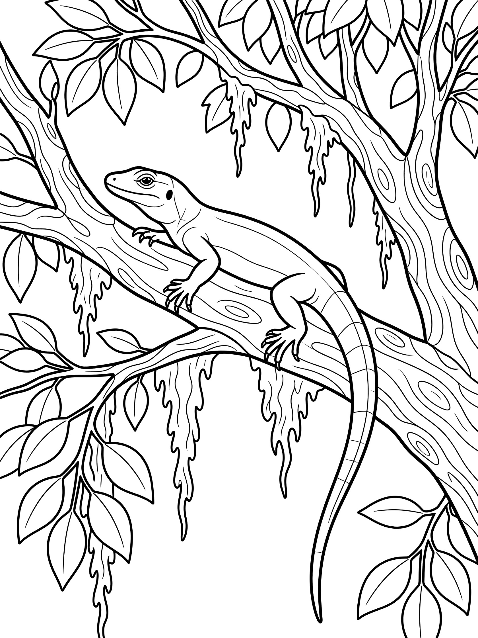 Black and white line art coloring page showing a lizard draped over a thick tree branch with hanging moss and leaves. Monitor Lizard themed black and white printable line art