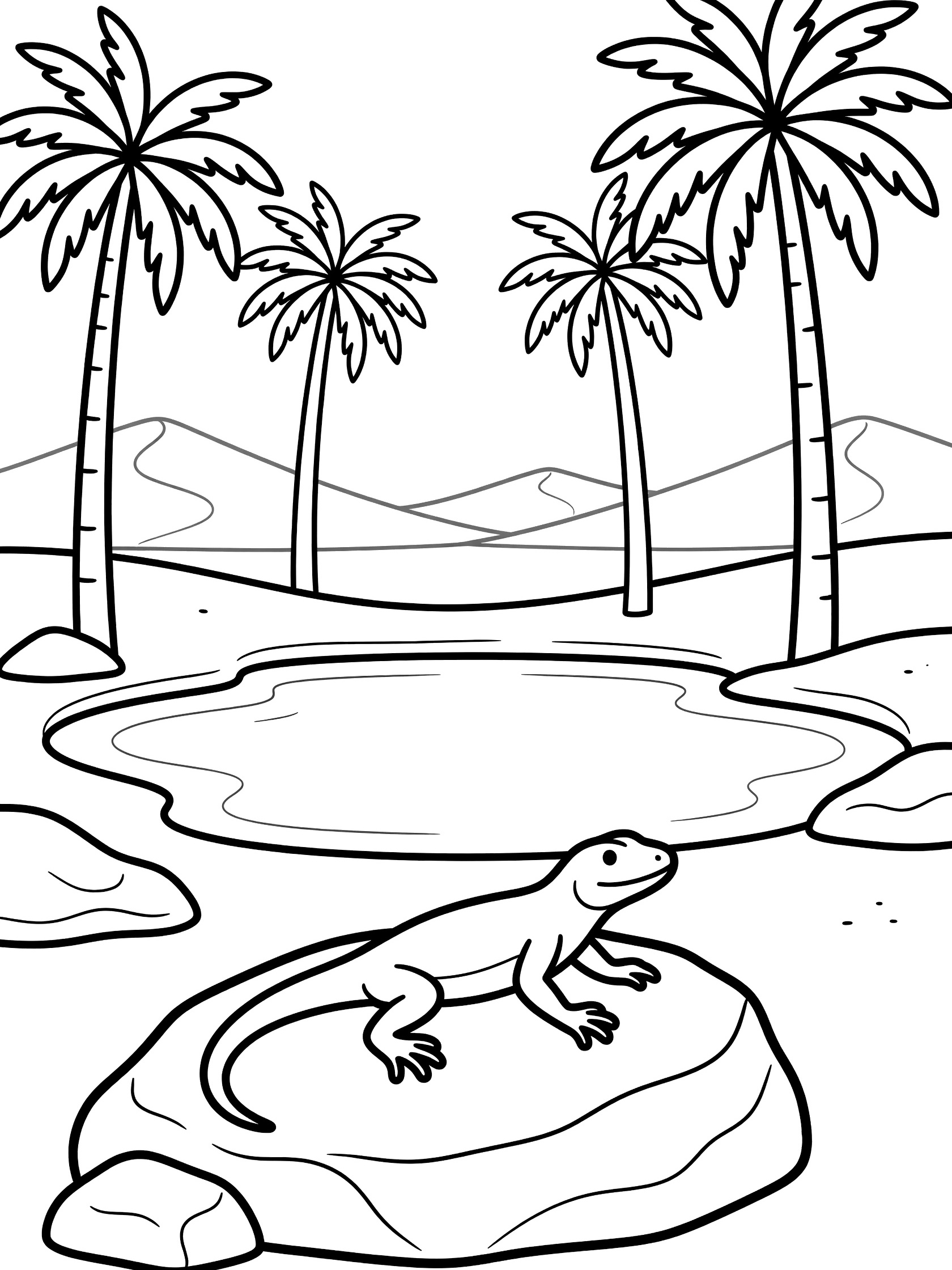 Black and white coloring page of a lizard on a rock beside a desert oasis with palm trees and dunes