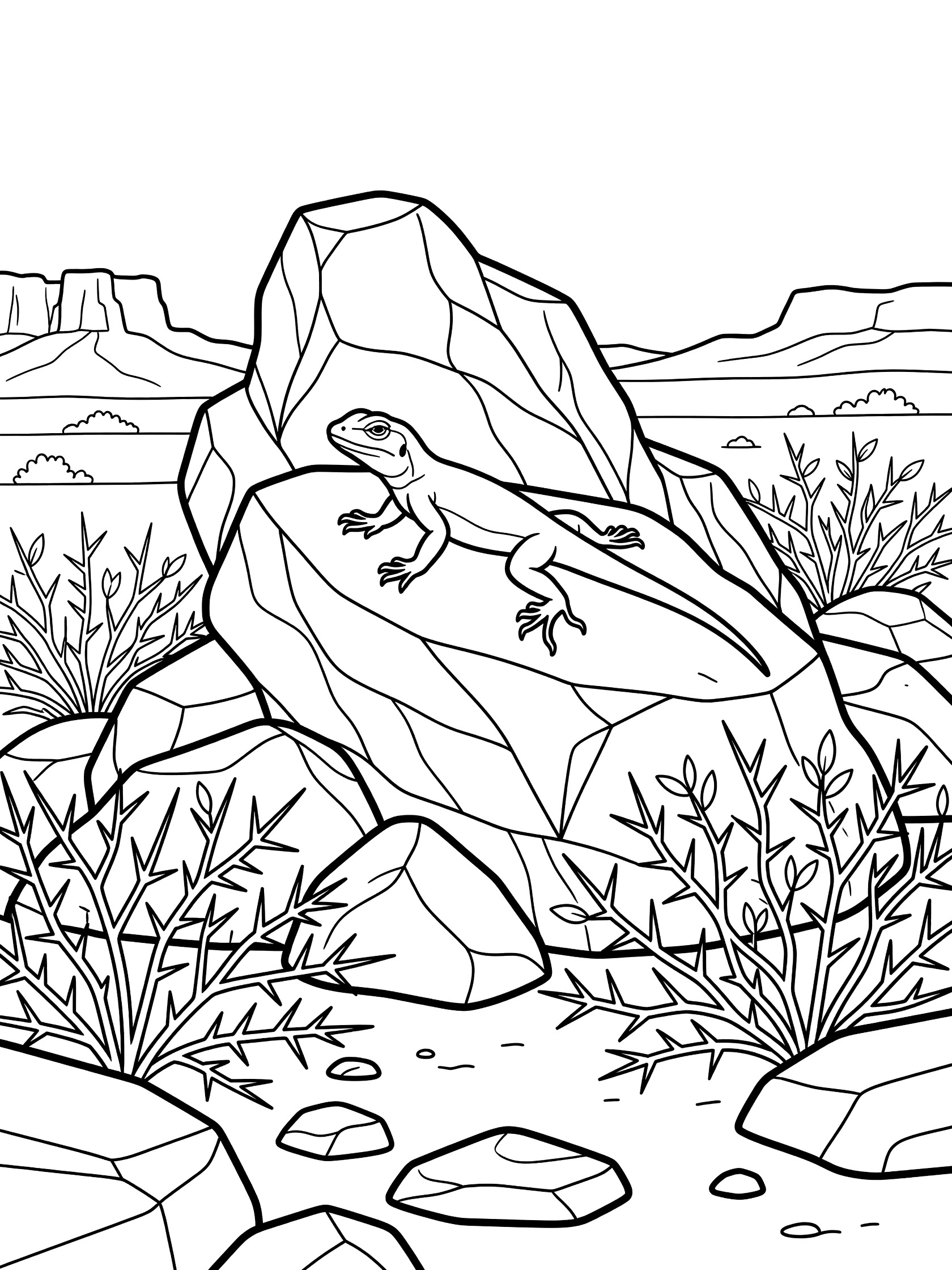 Black-and-white coloring page of a lizard sunning on jagged rock formation in Death Valley desert with thorny bushes