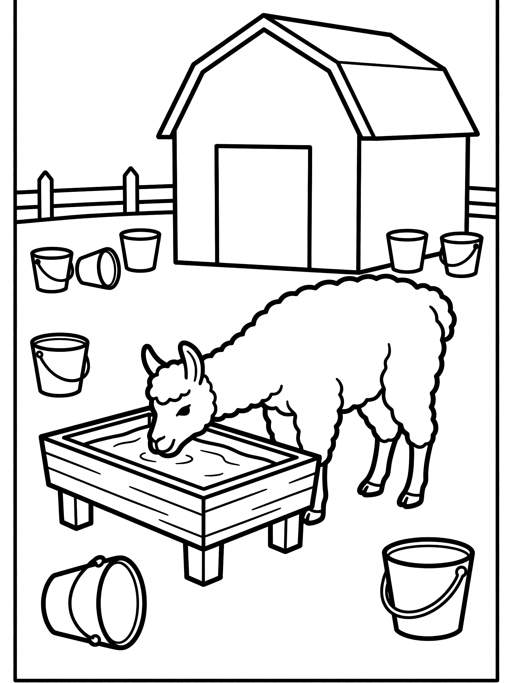 Black and white line art coloring page showing a llama with fluffy wool drinking water from a wooden trough, surrounded by farm buckets and a barn with fence. Llamas themed black and white printable line art