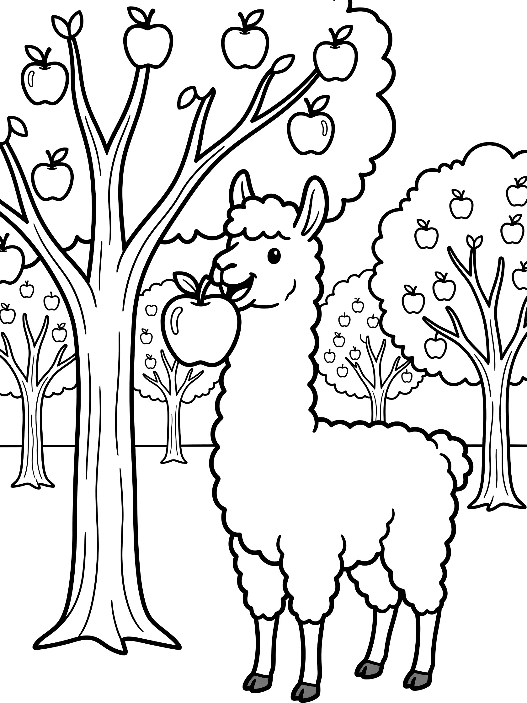 Black and white line art coloring page showing a llama holding and eating a large apple in its mouth, standing beside a tree with apples, surrounded by orchard trees. Llamas themed black and white printable line art