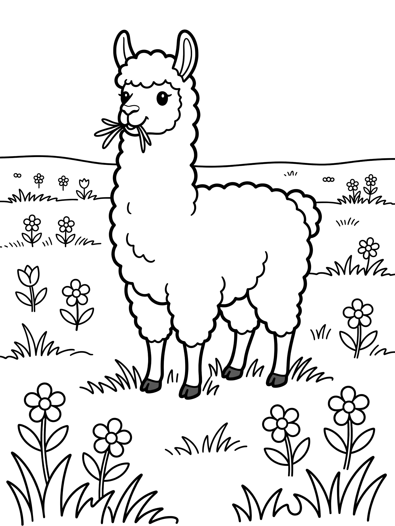 Printable coloring page showing a llama standing in a grassy field with flowers, eating a bundle of hay, clean line art for kids. Llamas themed black and white printable line art