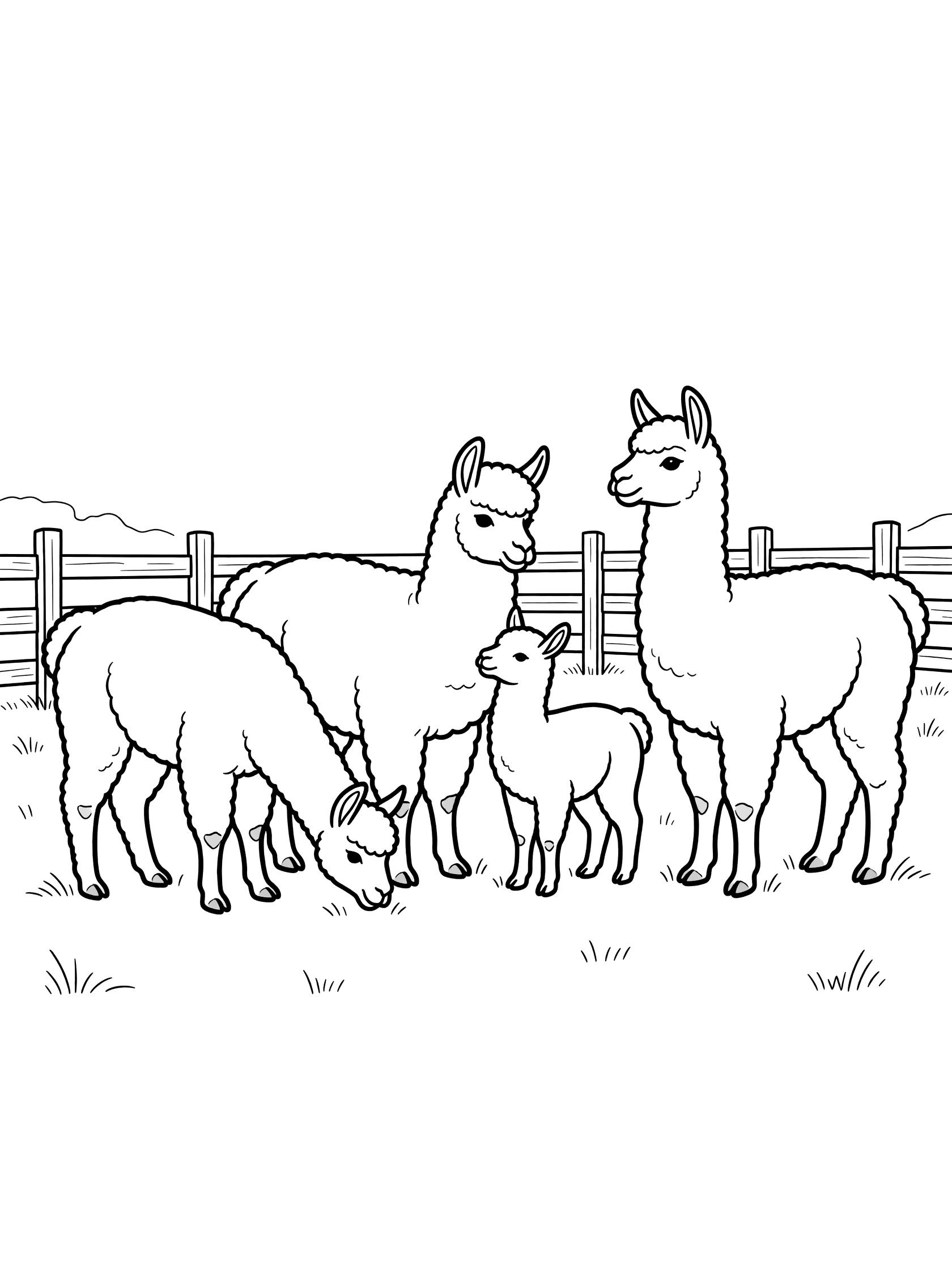 Printable coloring page showing four llamas near a wooden fence with grass in a farm setting, bold black outlines on white background