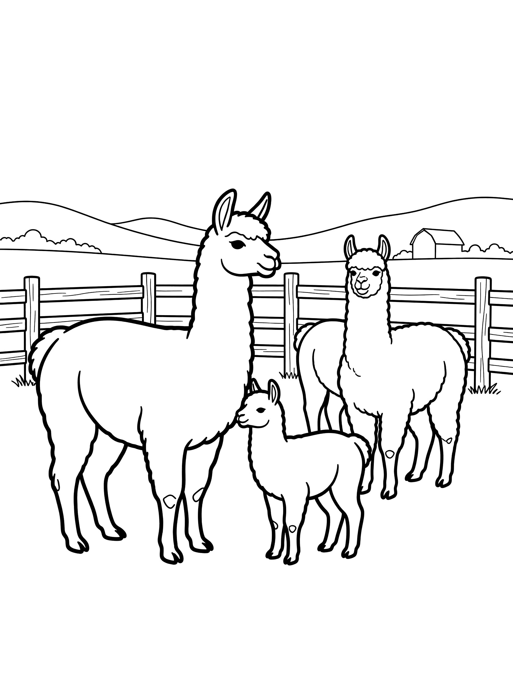 Black and white line art coloring page showing four llamas including a mother nuzzling her baby cria next to two others in a farm scene with fence, hills and barn.