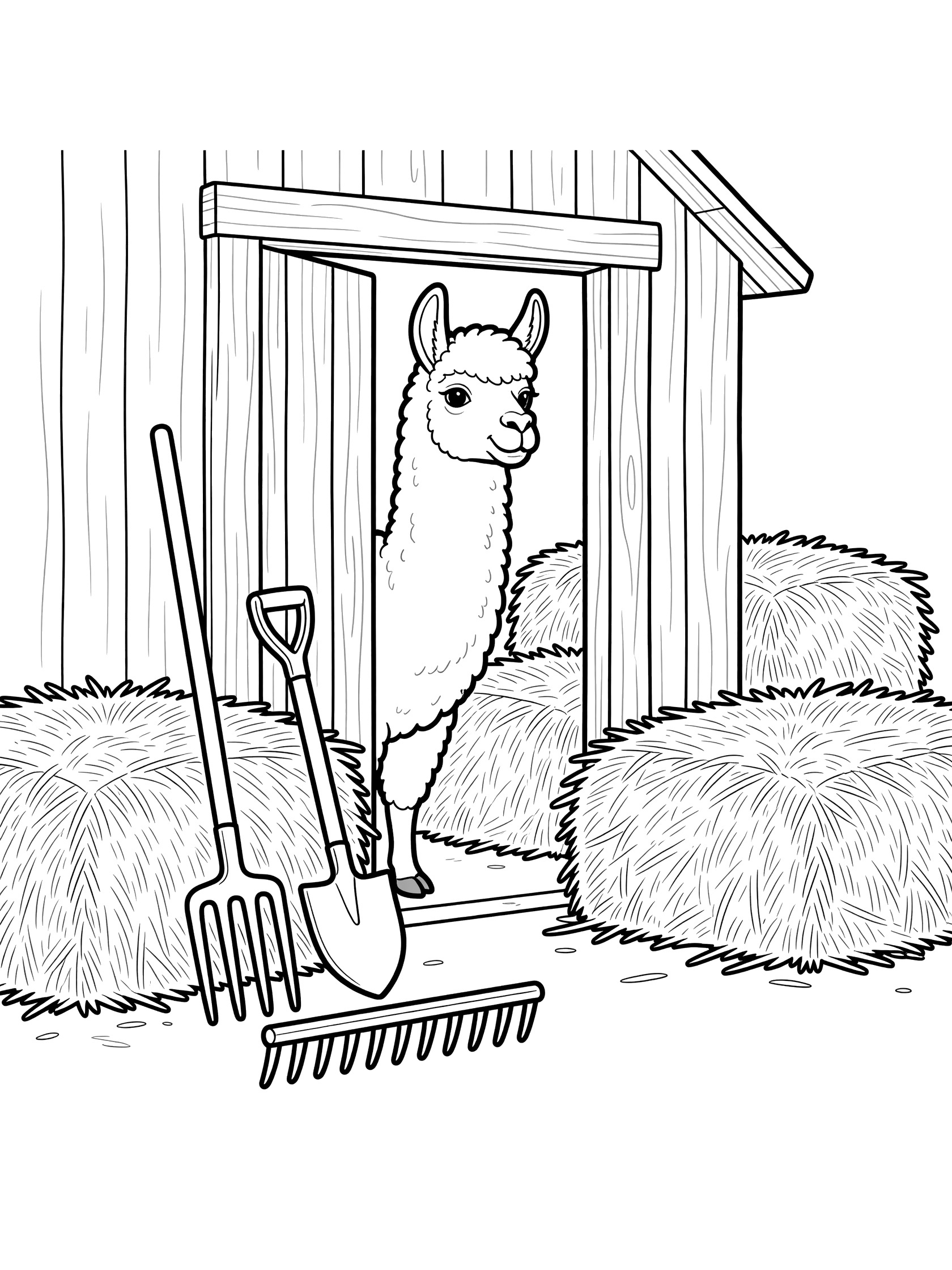 Printable coloring page showing a llama standing in a barn doorway surrounded by hay stacks, a pitchfork, and a shovel in clean line art style. Llamas themed black and white printable line art