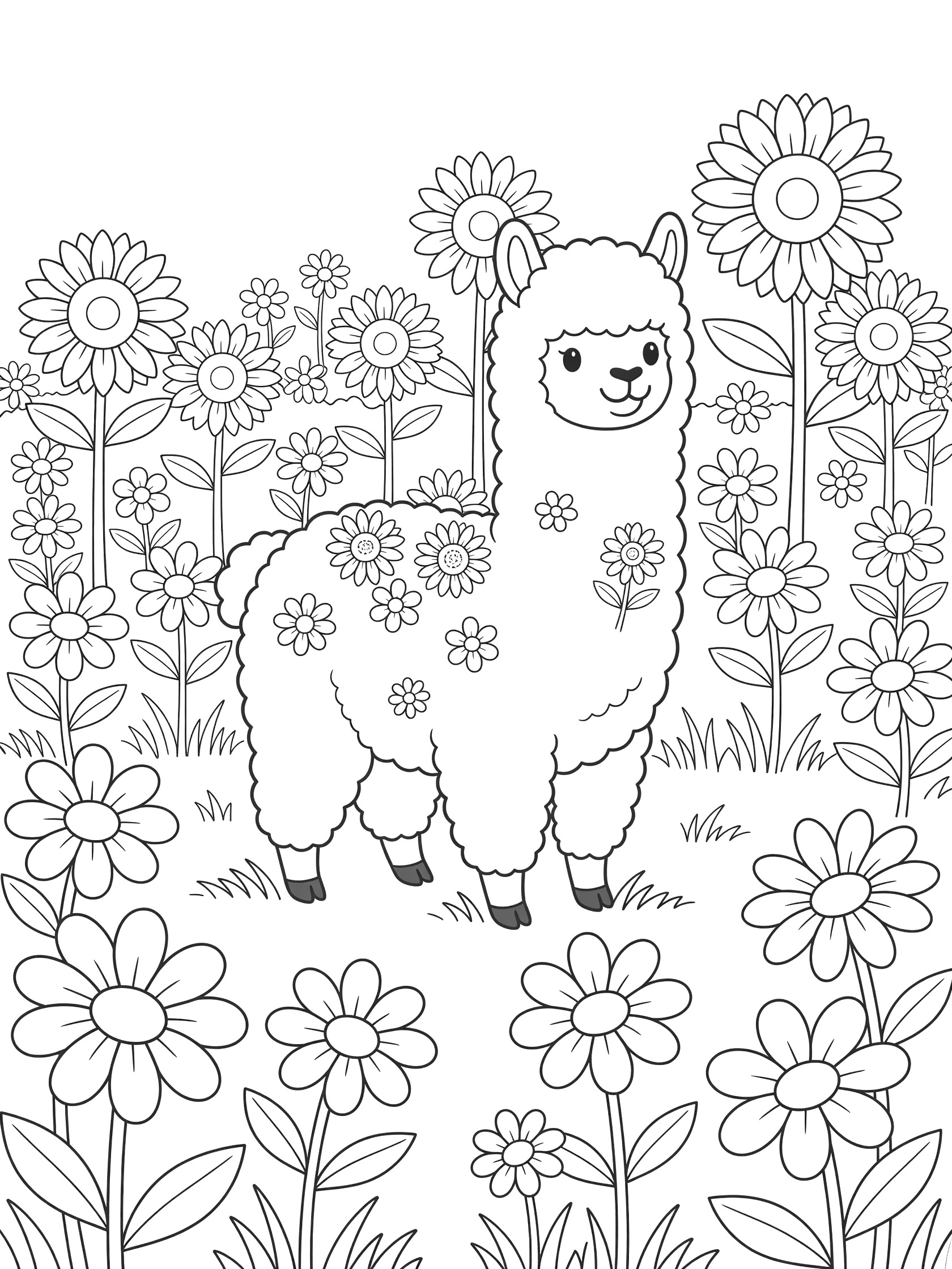 Black and white line art coloring page showing a fluffy llama with sunflowers tucked in its wool standing in a field full of sunflowers and daisies. Alpacas themed black and white printable line art