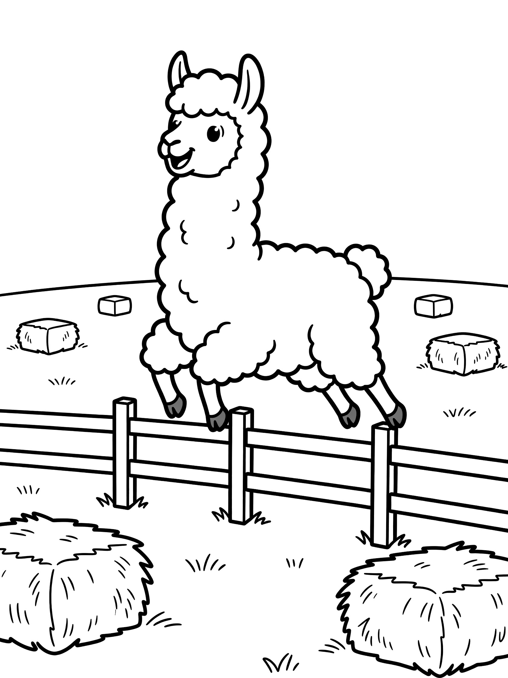Black and white line art coloring page showing a llama mid-jump over a wooden farm fence surrounded by hay bales in a field. Llamas themed black and white printable line art