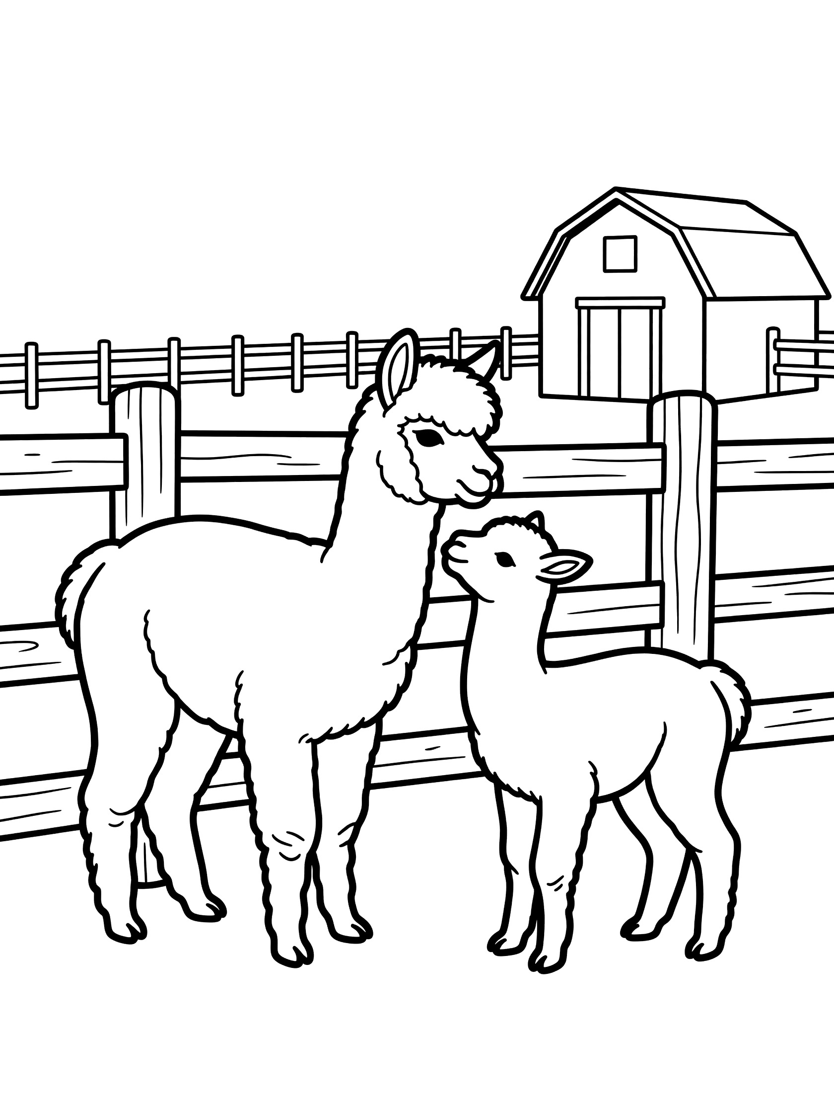 Black and white line art coloring page showing mother llama and baby llama standing close together next to a wooden fence, with a small barn behind them on a farm. Alpacas themed black and white printable line art
