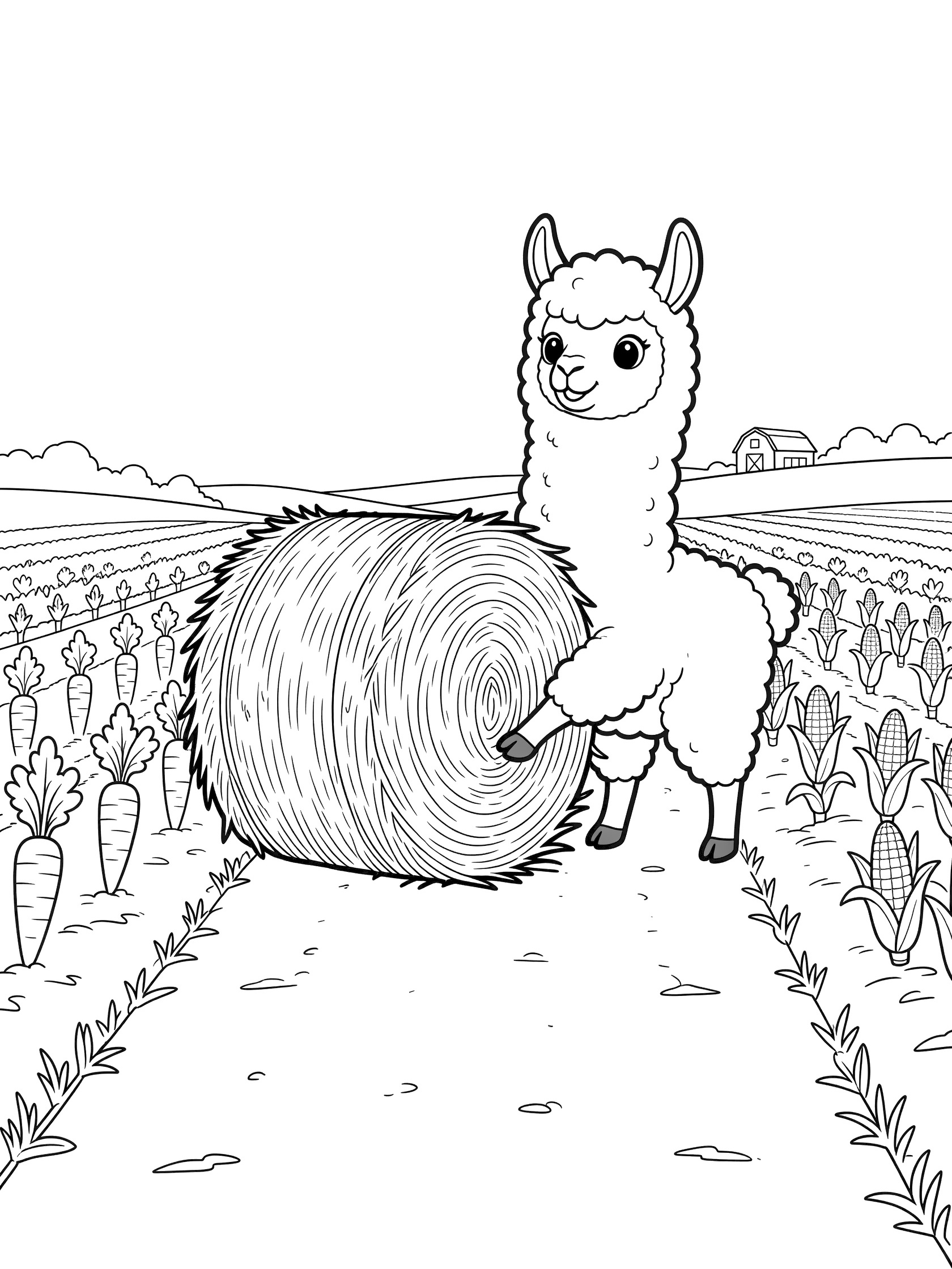 Printable coloring page showing a llama pushing a large round hay bale on a farm path lined with carrot and corn plants. Llamas themed black and white printable line art