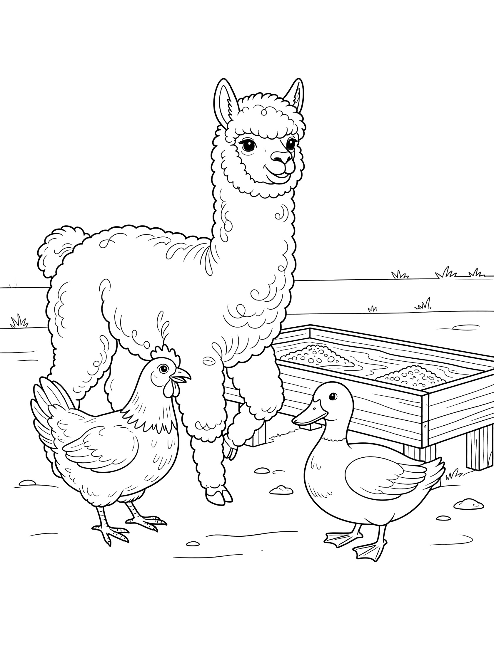 Black and white line art coloring page showing a llama with fluffy fur standing beside a chicken and duck near a wooden trough on a farmyard ground. Alpacas themed black and white printable line art