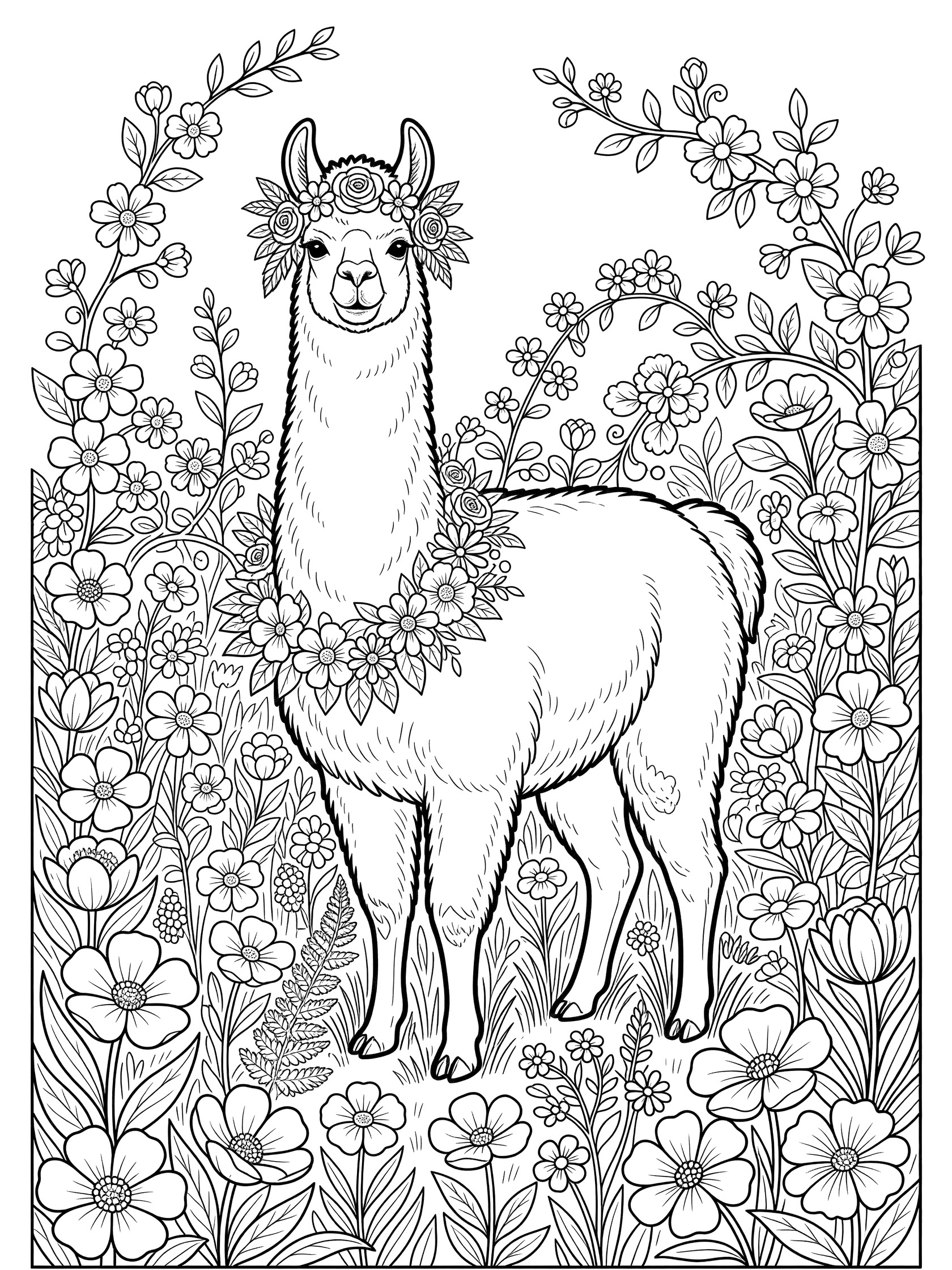 Black and white line art coloring page showing a llama with flower crown and garlands in a meadow of flowers and vines. Llamas themed black and white printable line art