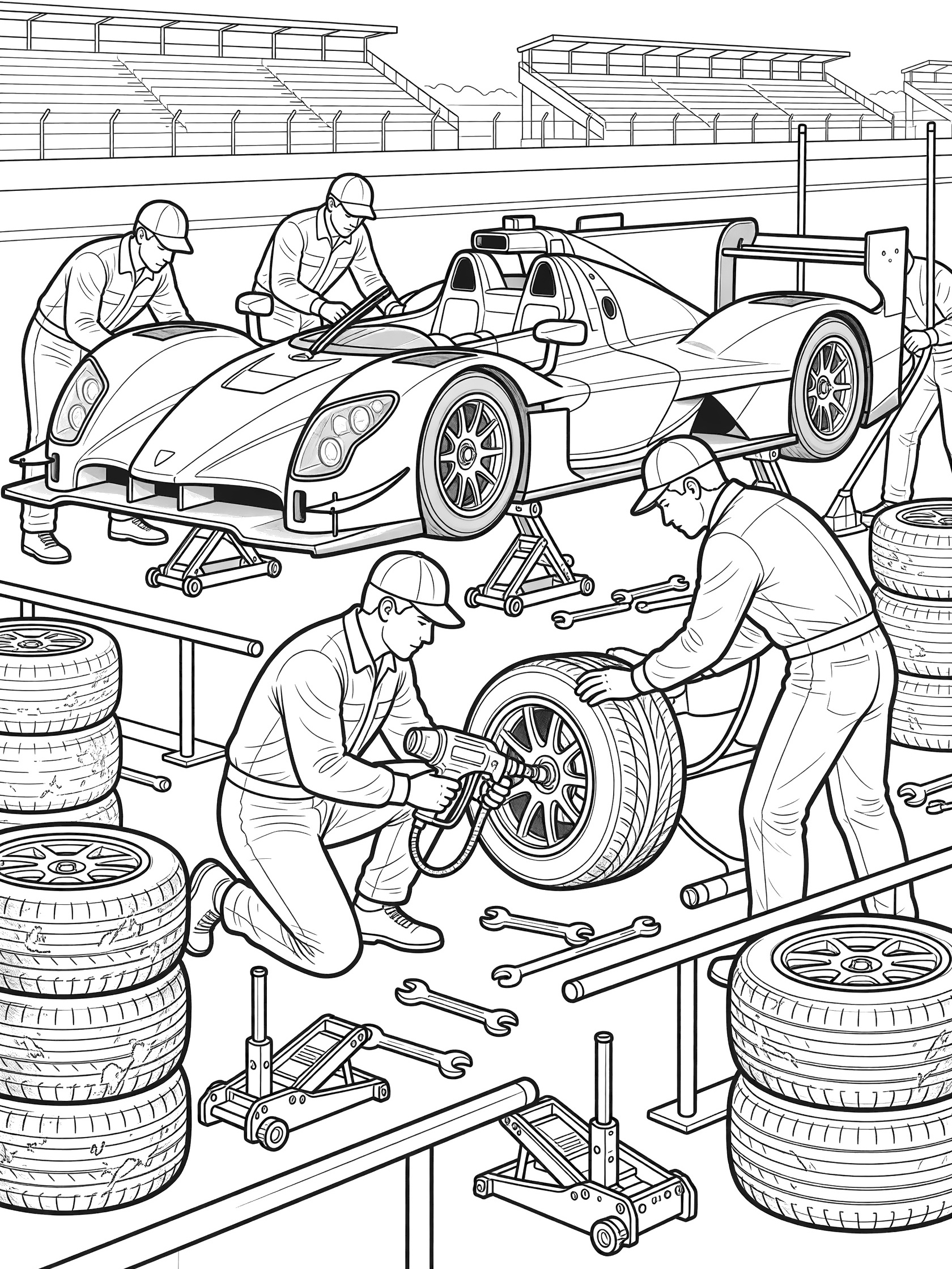 Black and white coloring page of an LMP car on jacks during pit stop, with crew members using air guns and rolling tires, grandstands in background.
