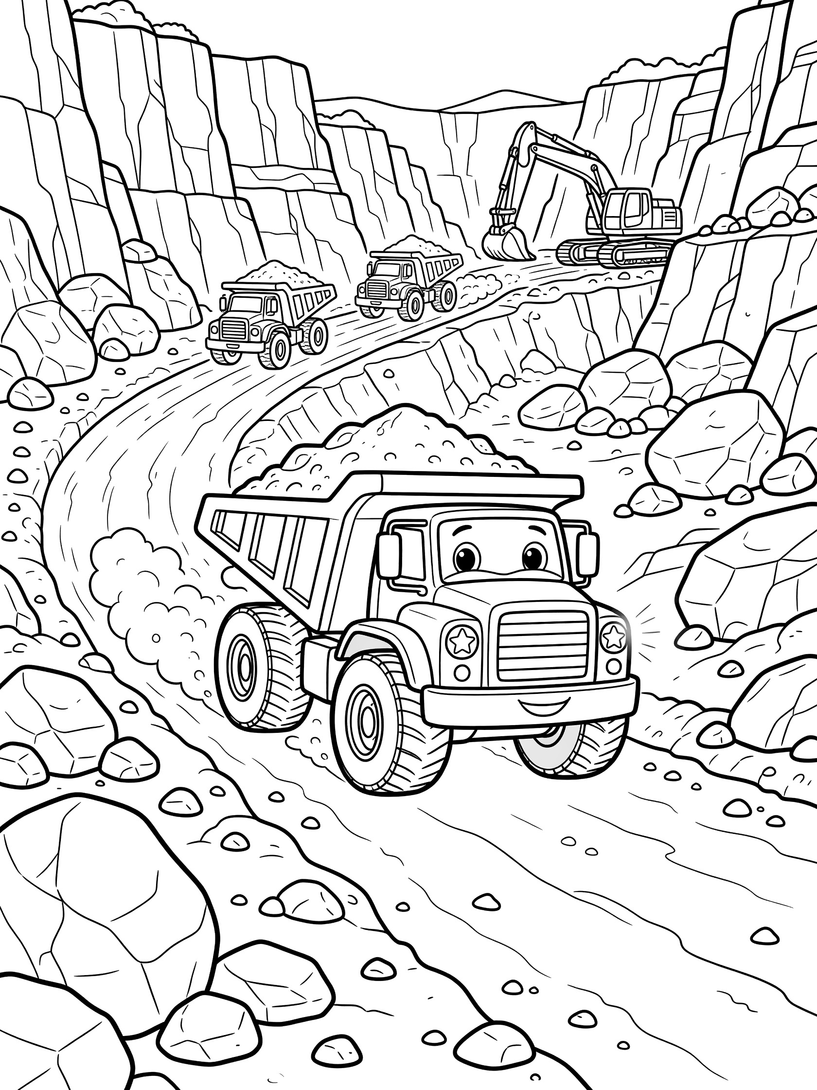 Cute cartoon haul truck loaded high with dirt and rocks driving uphill on dirt path in sunny quarry, kicking up dust with massive tires and bright headlights.