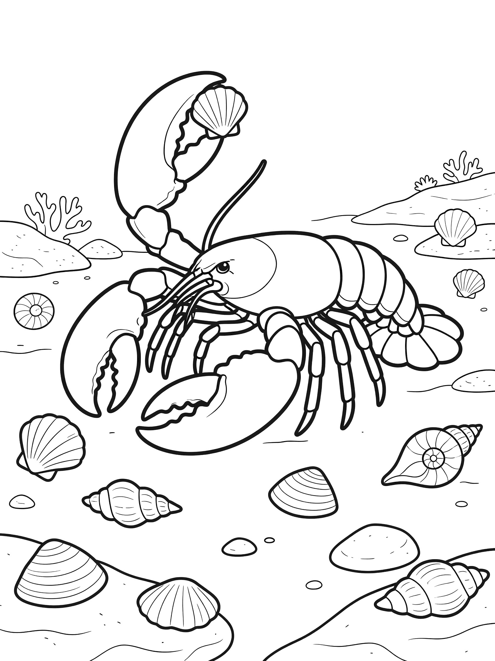Black and white line art coloring page showing a lobster sitting on ocean floor surrounded by scattered seashells and small rocks, holding one shell in its claw.