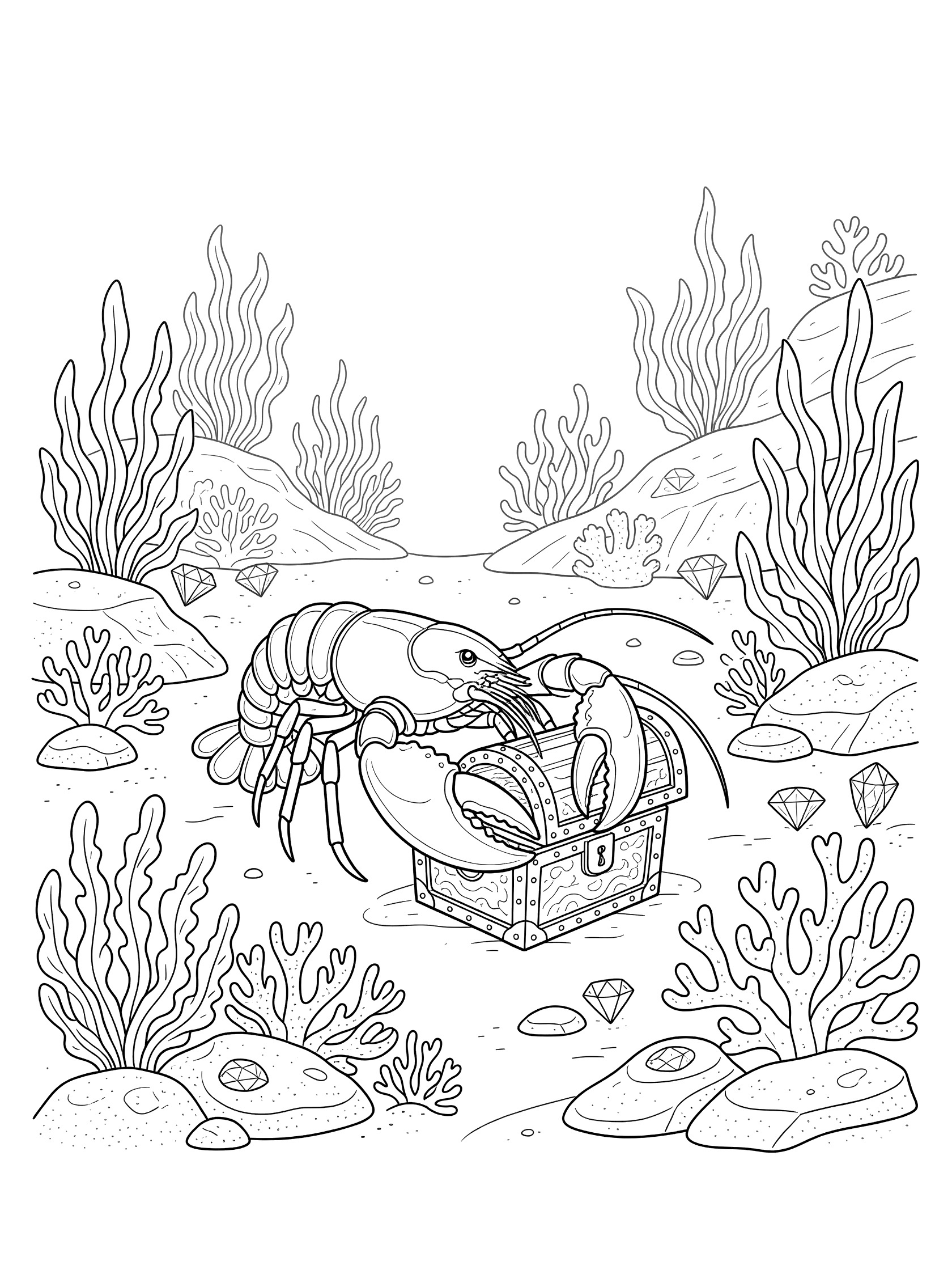 Black and white line art coloring page showing a lobster with large claws opening a small treasure chest surrounded by underwater plants, rocks and shiny gems.