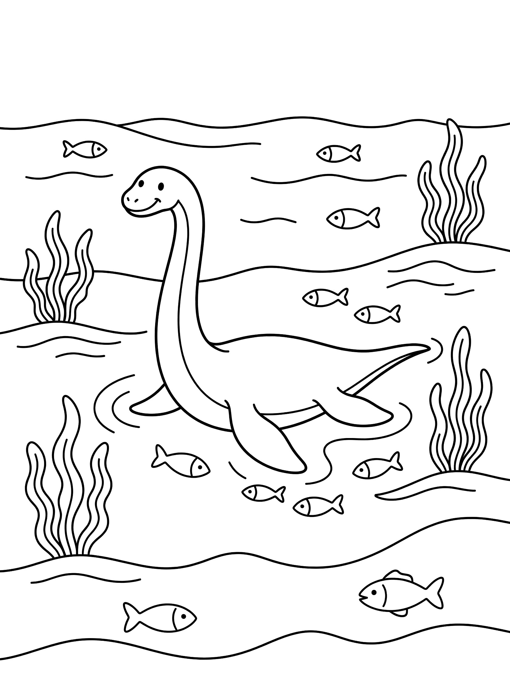Black and white line art coloring page showing a long-necked Loch Ness Monster gliding through water with waves, seaweed, and small fish swimming around it. Plesiosaurus themed black and white printable line art