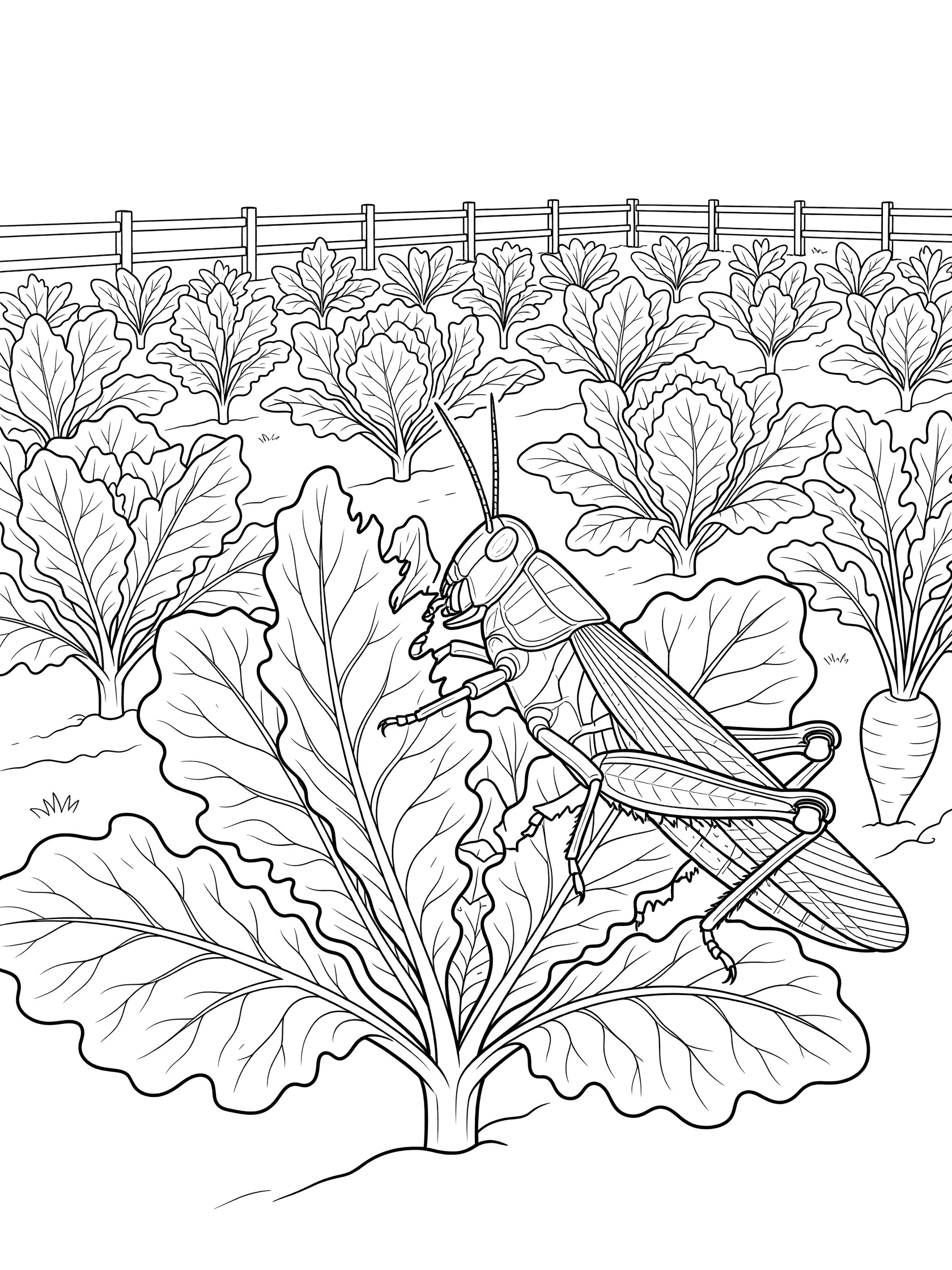 Black and white line art coloring page showing a locust eating a leaf next to carrots in a garden with rows of plants and a wooden fence.