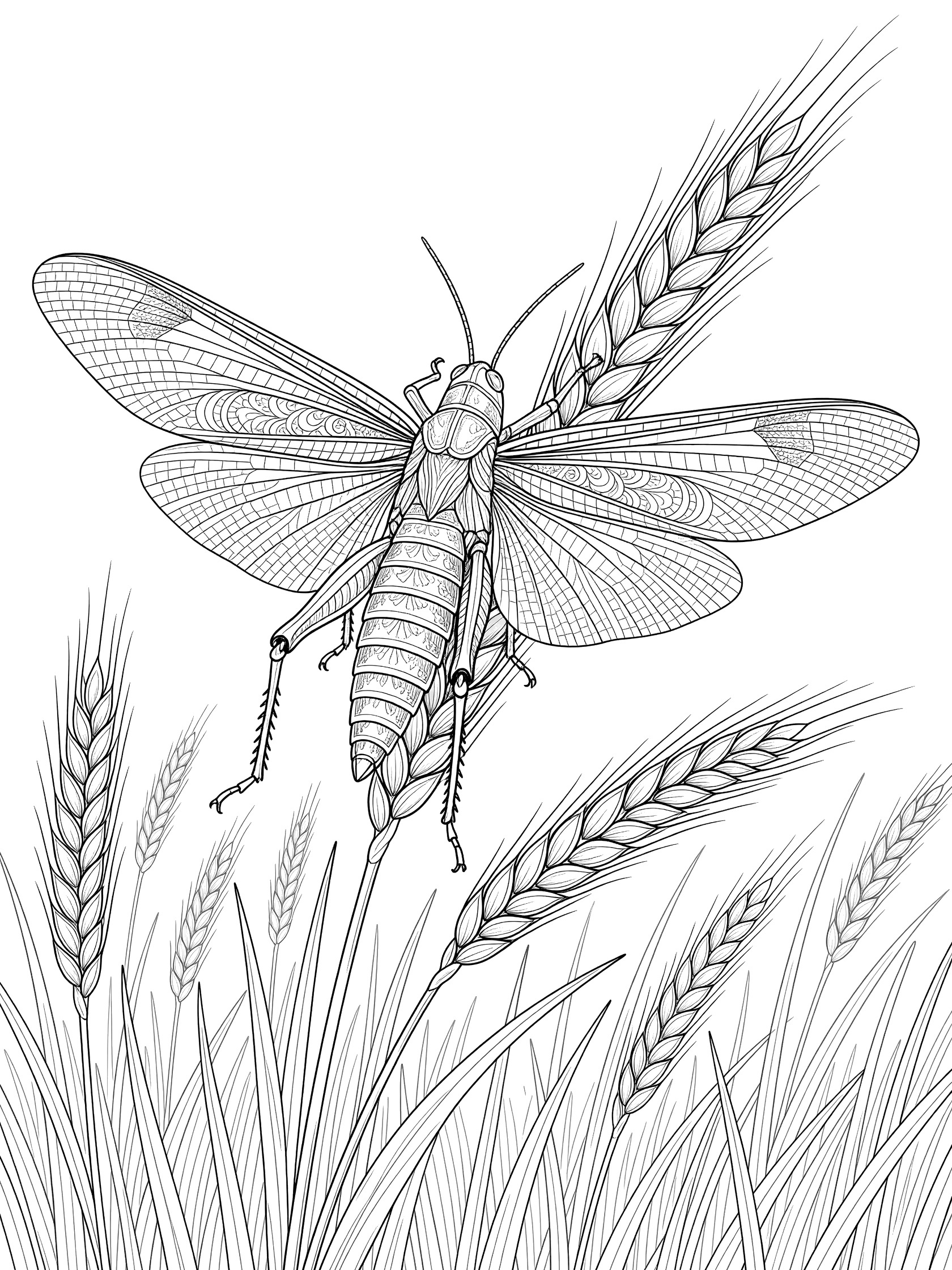 Detailed line art coloring page showing a locust with fully spread open wings on a wheat stalk surrounded by grass