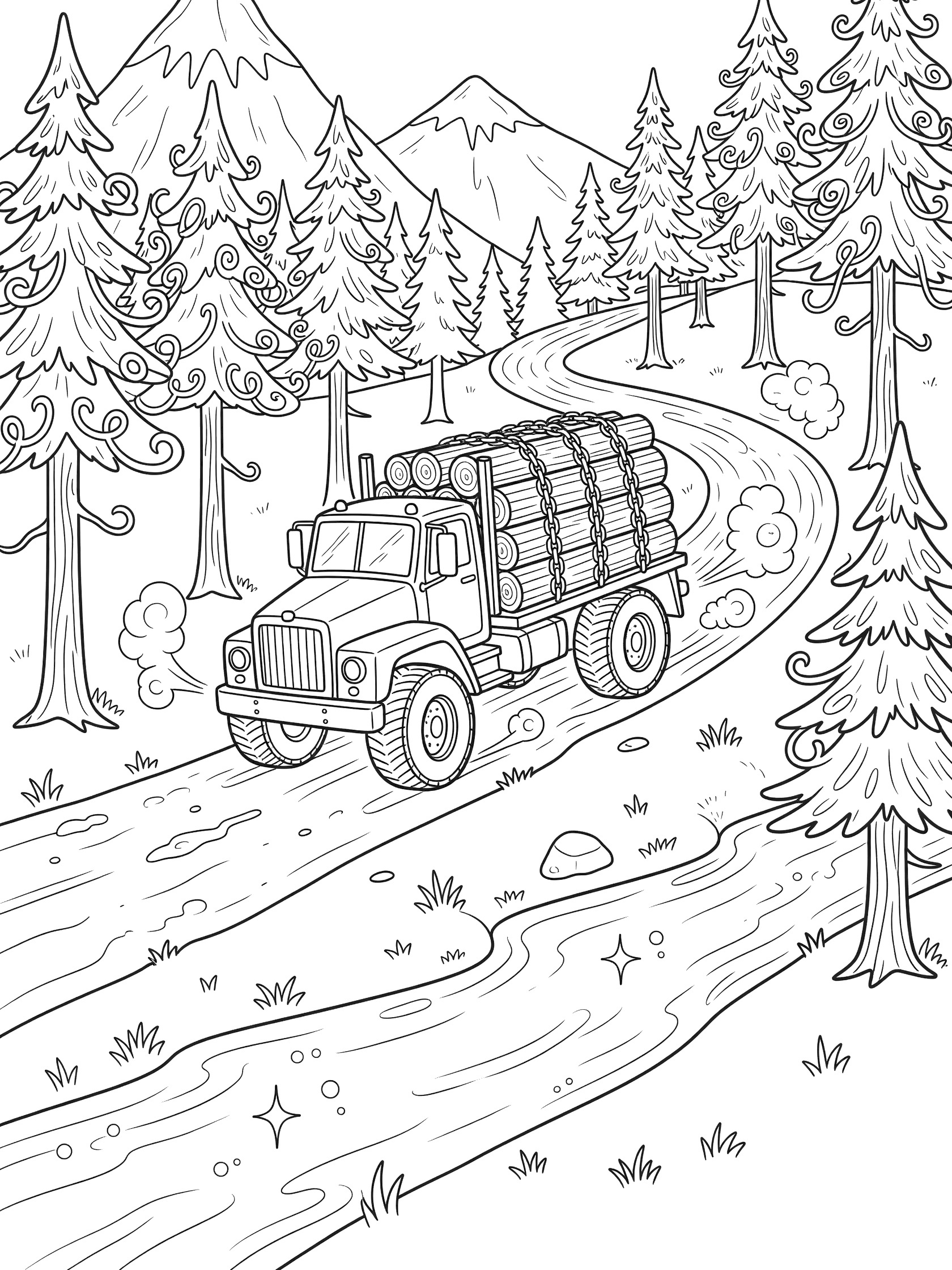 Black and white line art of a logging truck with stacked logs driving up a winding dirt road on a hill, surrounded by pine trees, a stream, and distant mountains.