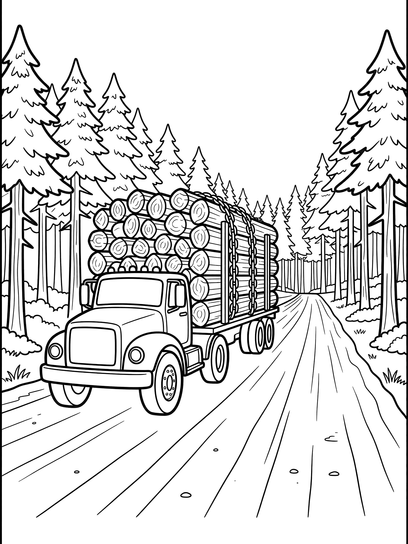 Black and white coloring page showing a logging truck with a flatbed trailer stacked high with round logs, secured by chains, driving on a straight dirt road through tall pine trees.