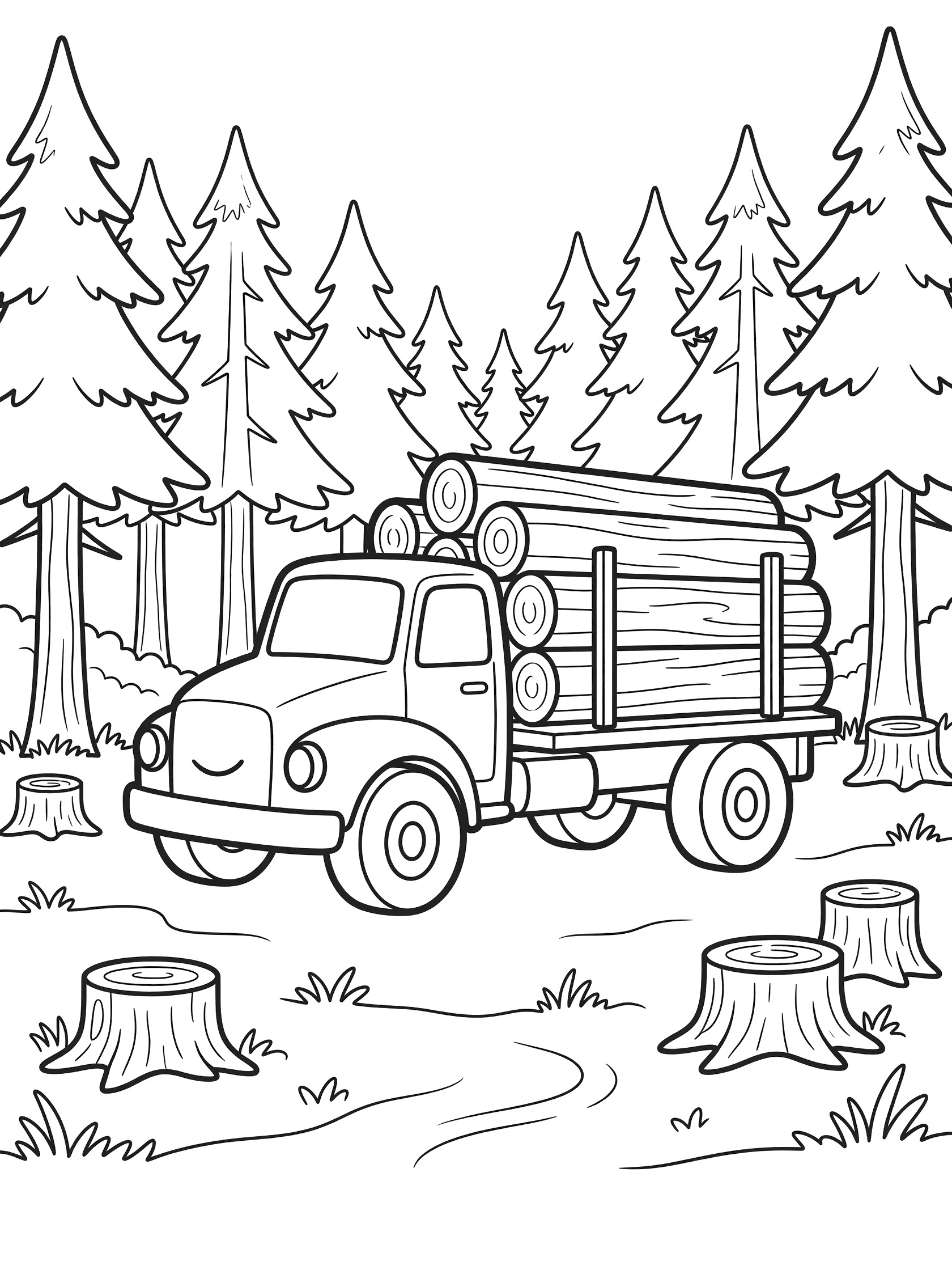 Cheerful line art coloring page showing a logging truck full of logs in a sunny forest clearing with pine trees and stumps