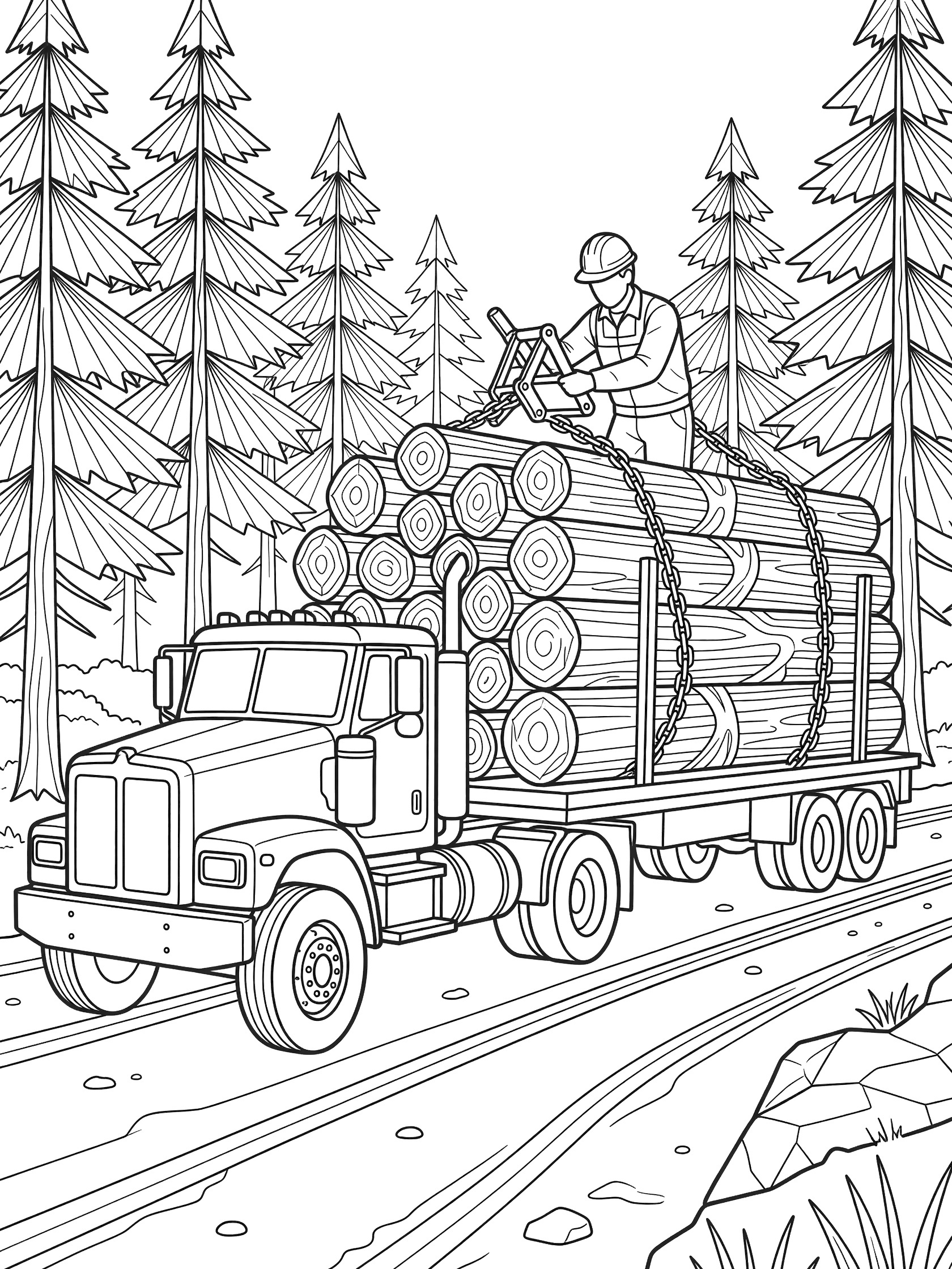 Black and white coloring page of a logging truck with flatbed trailer loaded with cylindrical logs secured by chains, a worker in hardhat using a binder, surrounded by pine trees on a dirt path.