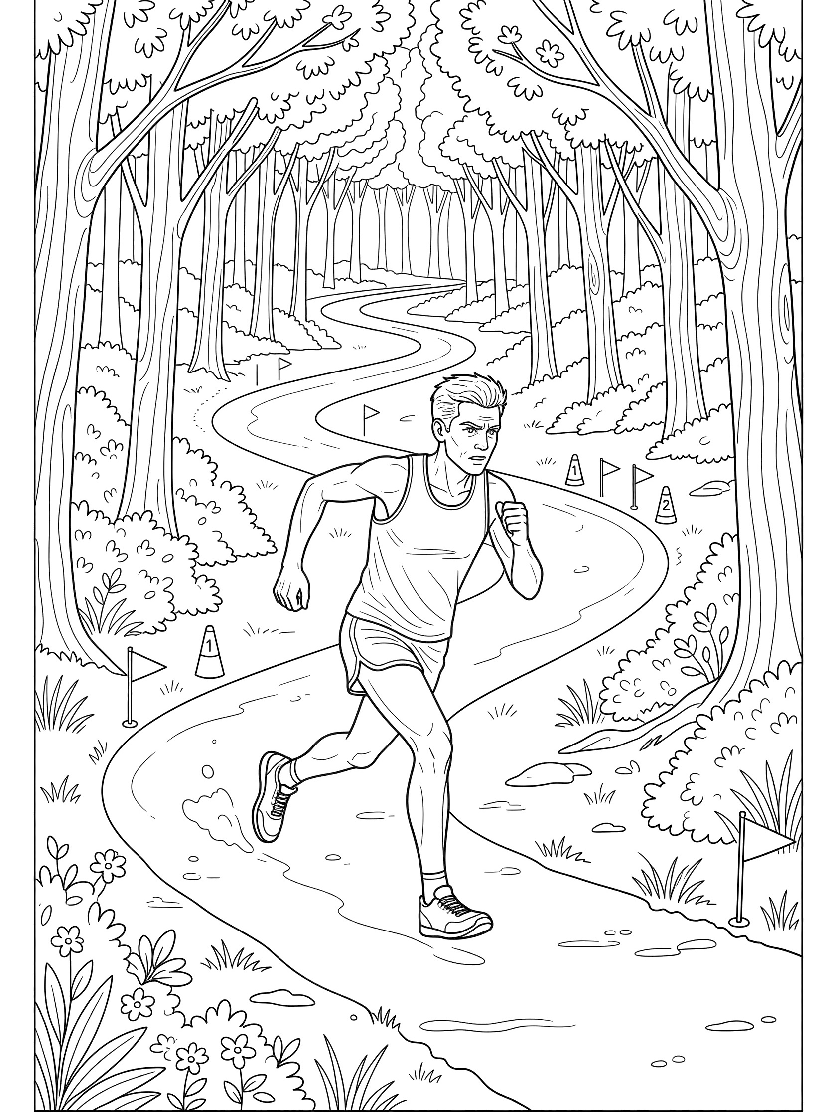 Black-and-white line art of a long distance cross-country runner striding along a curvy forest trail with trees, cones, flags, and rocks.