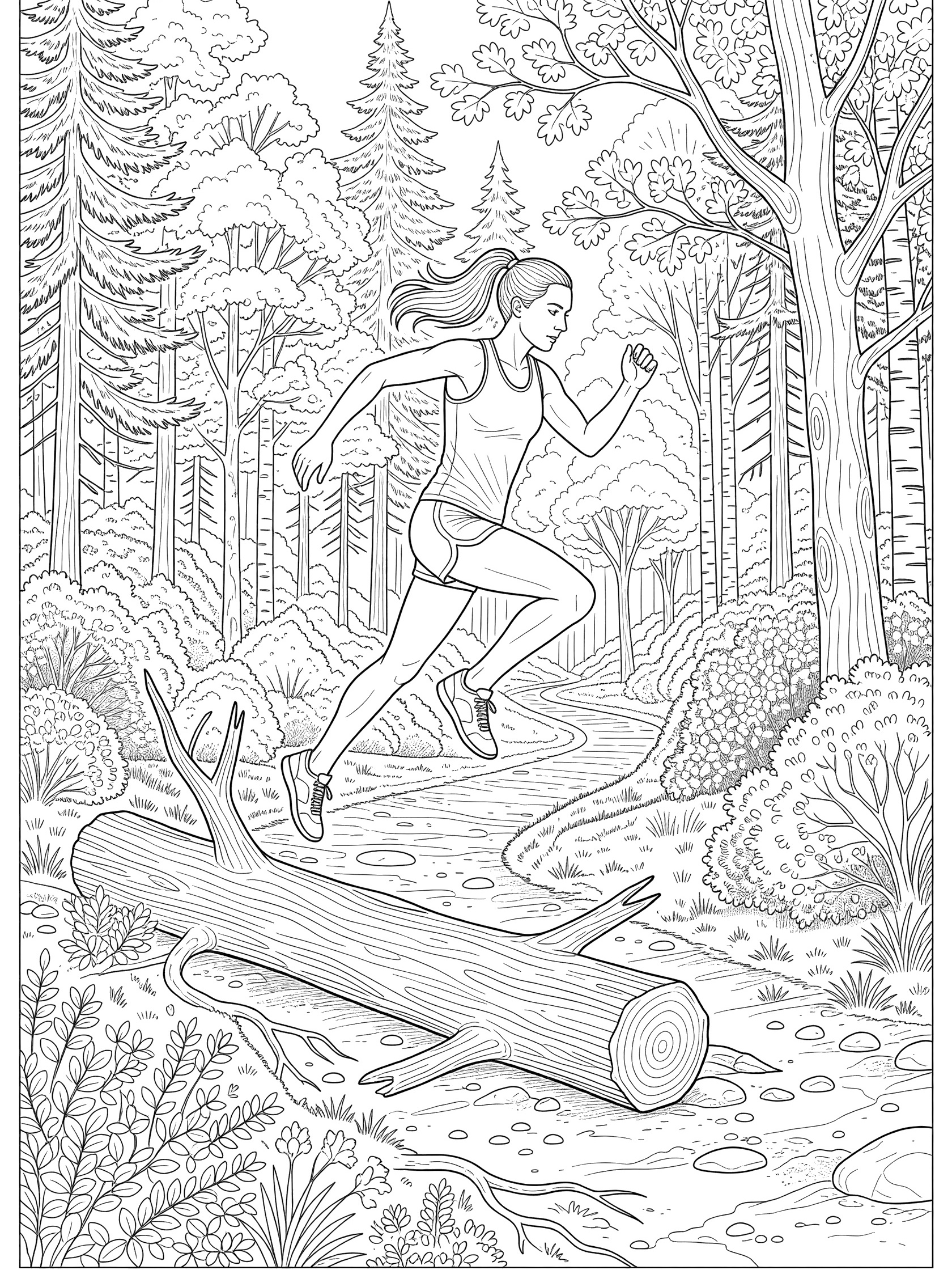 Black and white line art of a long distance runner with ponytail mid-jump over a log in a forest cross-country race, surrounded by trees and bushes.