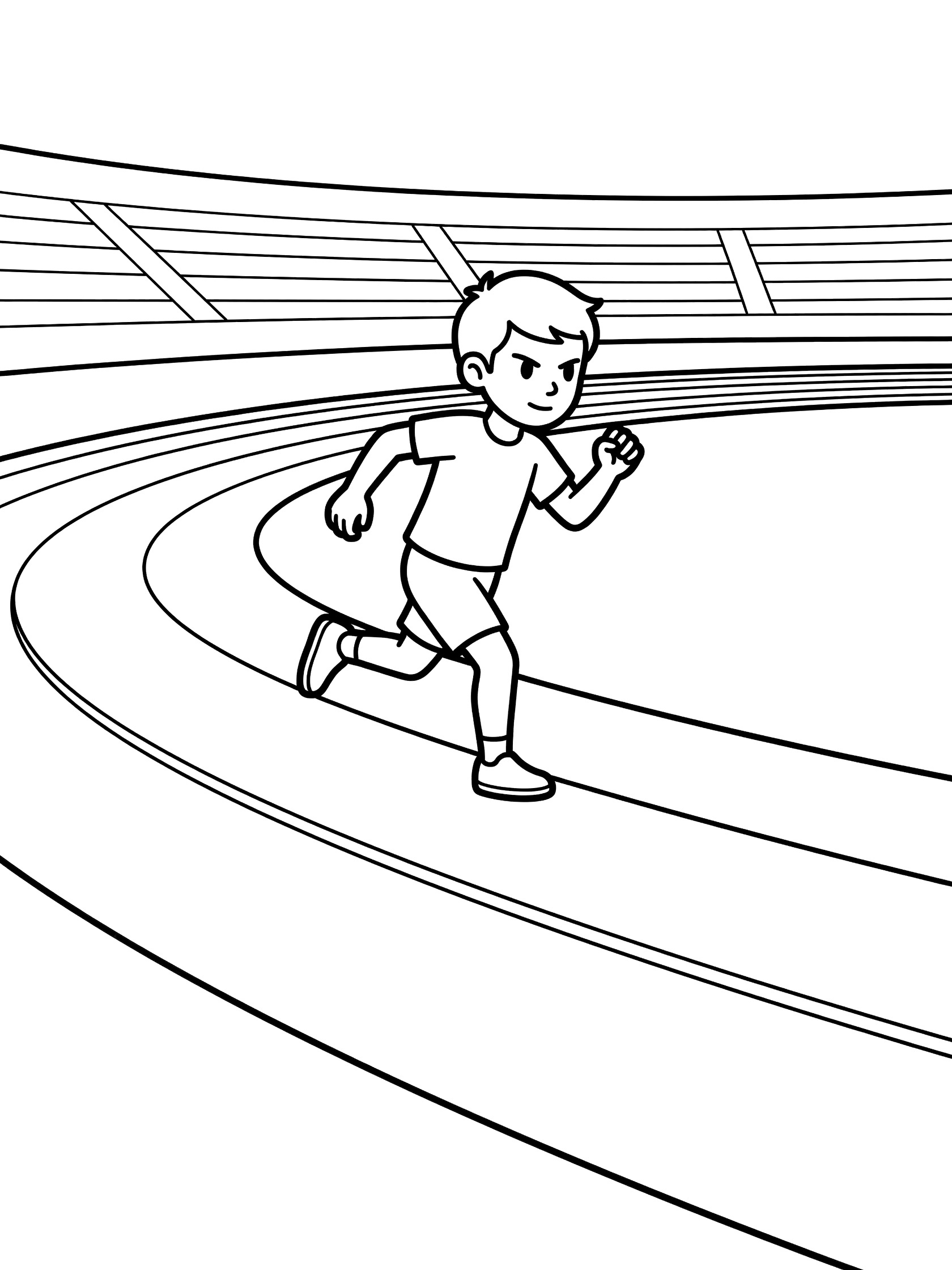 Black and white coloring page of a young long distance runner in motion on a stadium track with curved bend, swinging arms, and clear lanes.