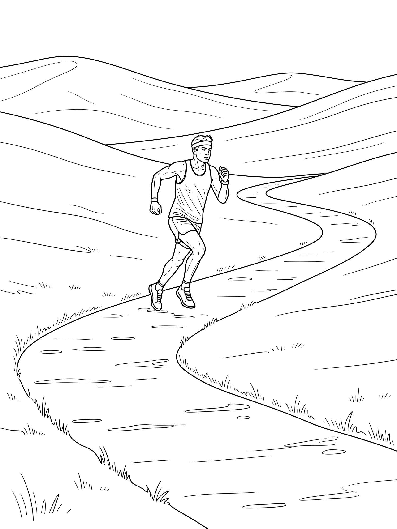 Black and white line art of a long distance runner mid-stride uphill on a park path, wearing a sweatband, with grassy hills and path in background