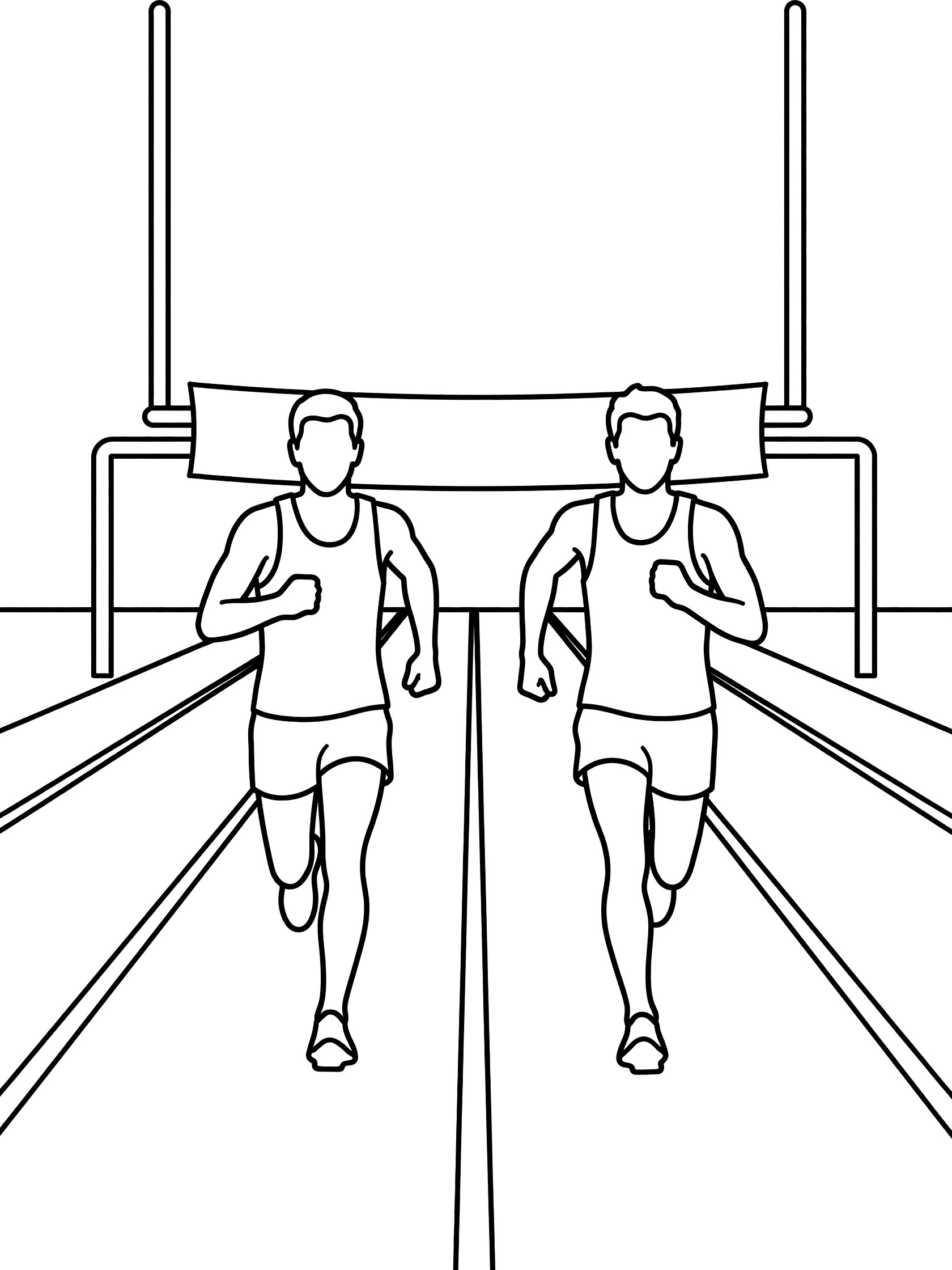 Black-and-white line art of two long distance runners battling side-by-side toward the finish line on a school athletic track with goal posts nearby.