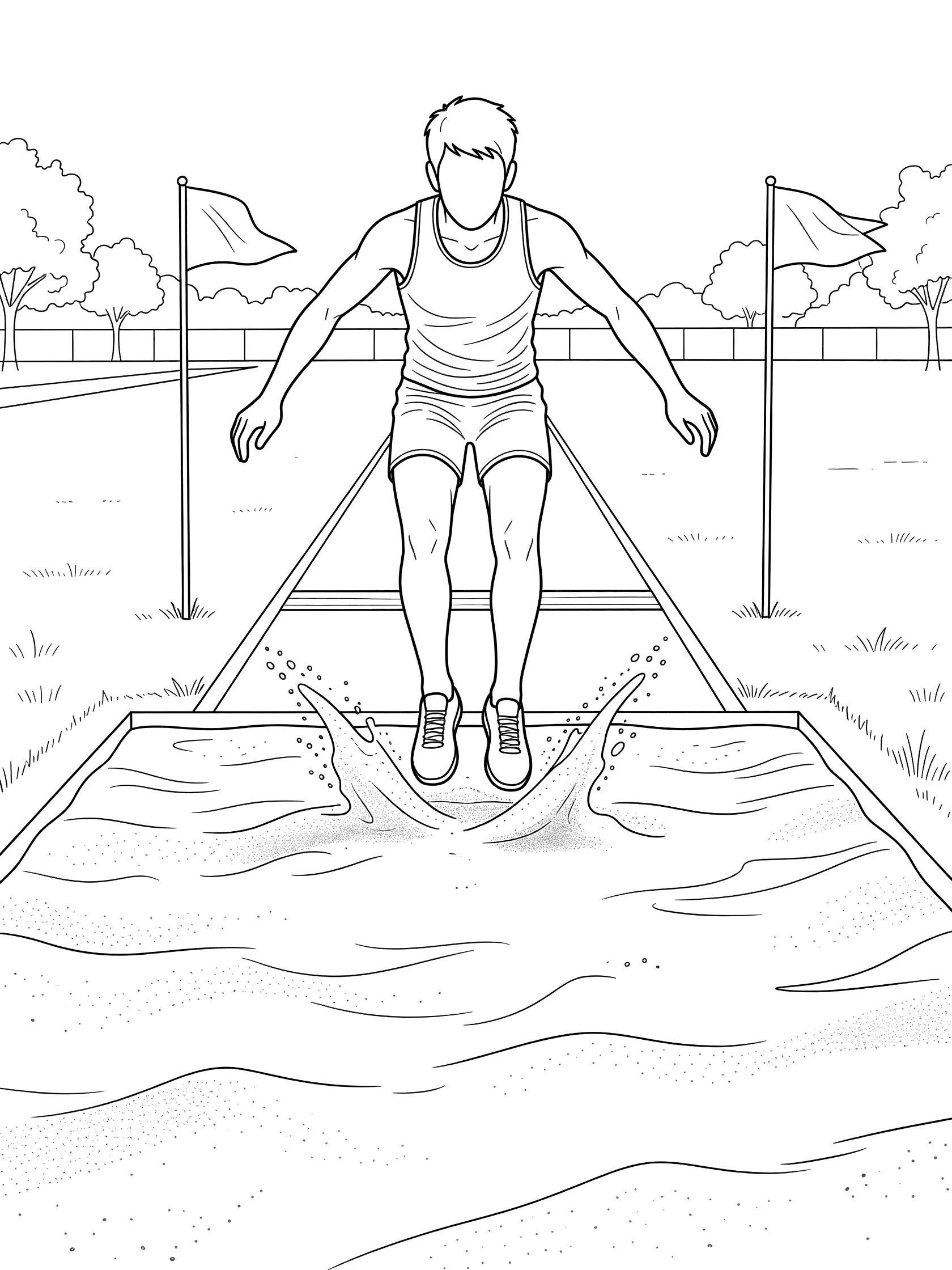 Black and white line art of a determined young jumper landing feet-first in a sand pit after a long jump, with sand splashes, takeoff board, and measuring flags.