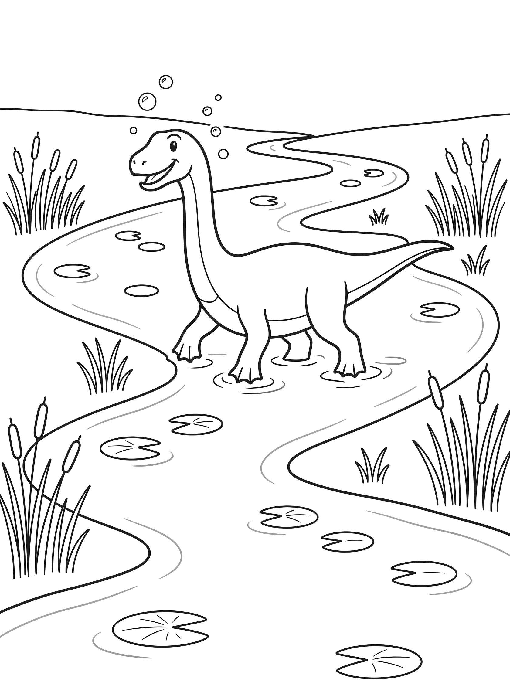 Black and white line art coloring page showing a smiling long neck dinosaur with bubbles from its mouth, paddling webbed feet in a winding river surrounded by lily pads and tall reeds. Ultimasaurus themed black and white printable line art