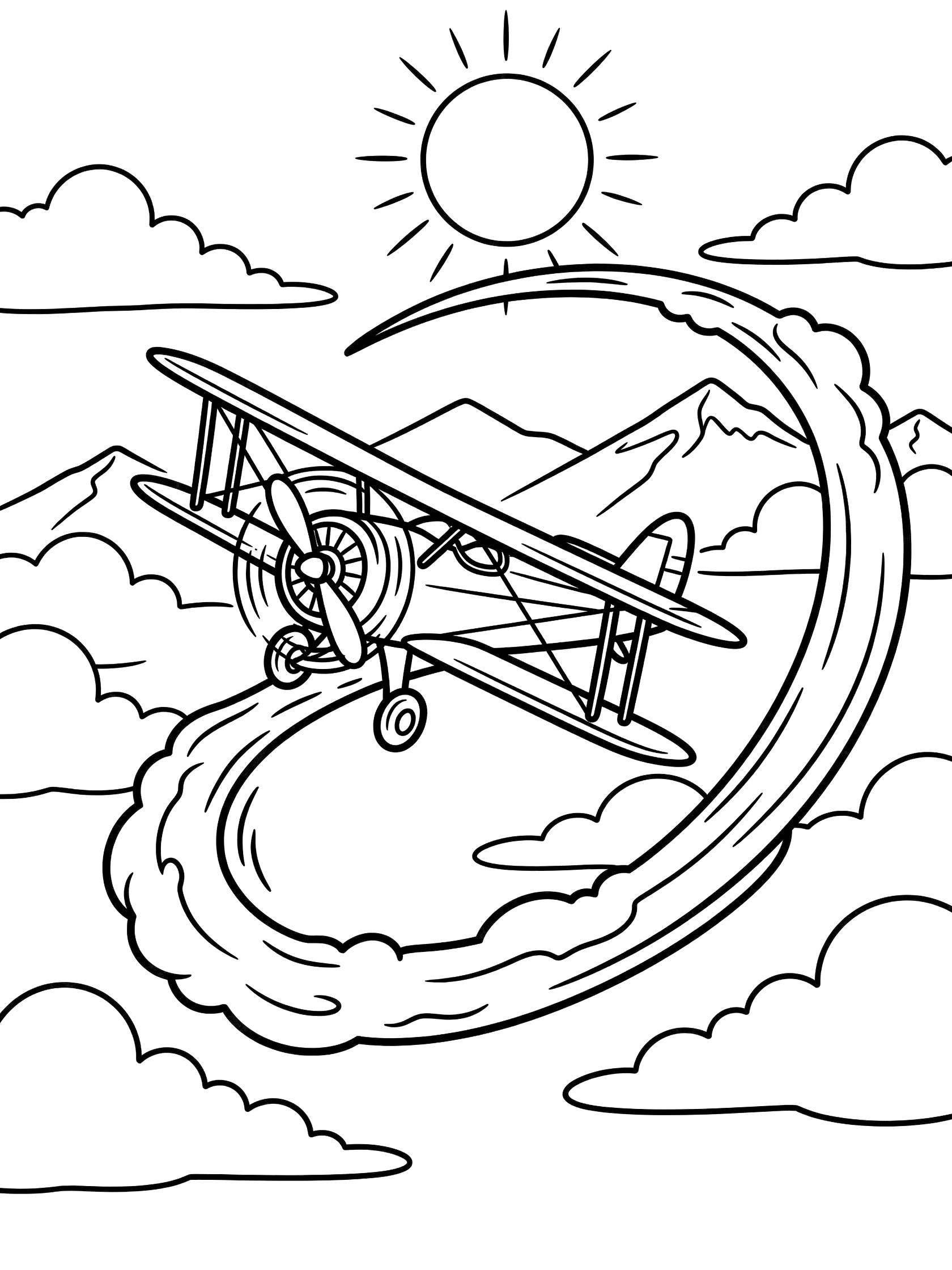 Line art coloring page showing a biplane mid-loop with inverted wings, spinning propeller, curved smoke trail, fluffy clouds, distant mountains, and bright sun