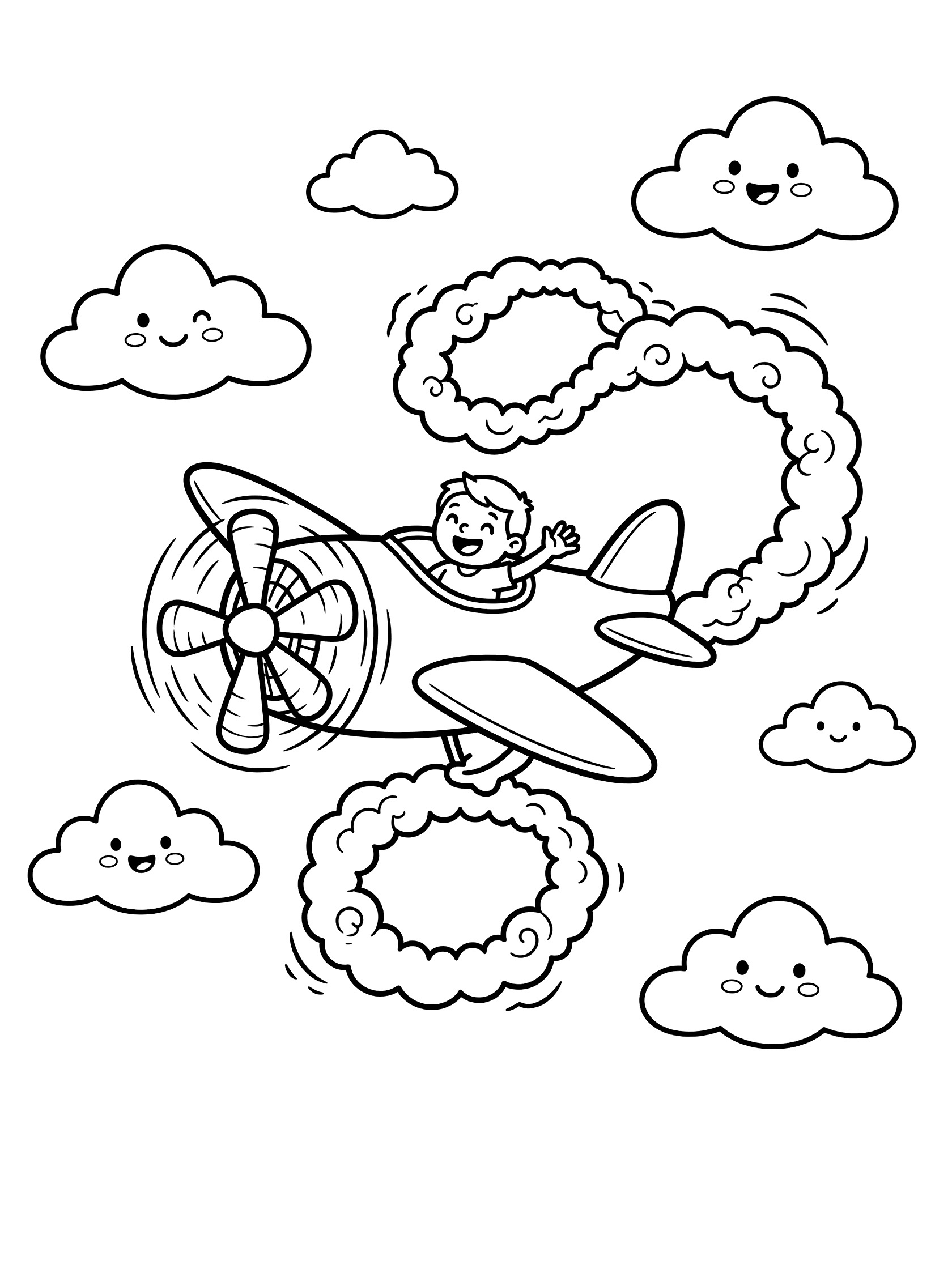 Black and white line art coloring page of a propeller plane mid-loop with spinning propeller blades, looping smoke trail, waving pilot in cockpit, and fluffy clouds with happy faces.