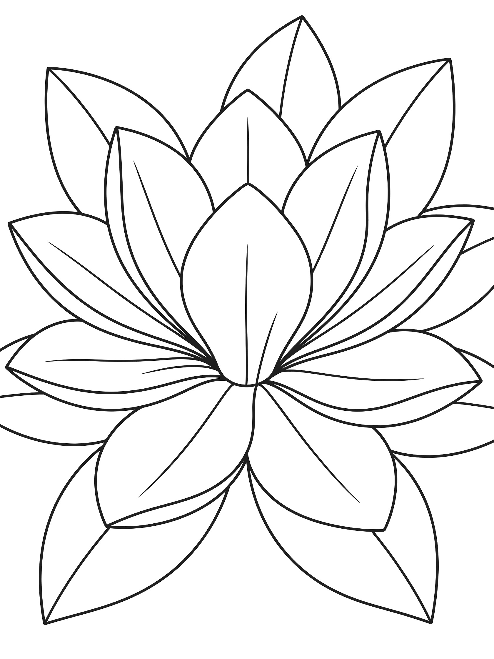 Black and white line art of a lotus flower with layered petals and broad leaves, coloring book style on white background. Magnolia themed black and white printable line art