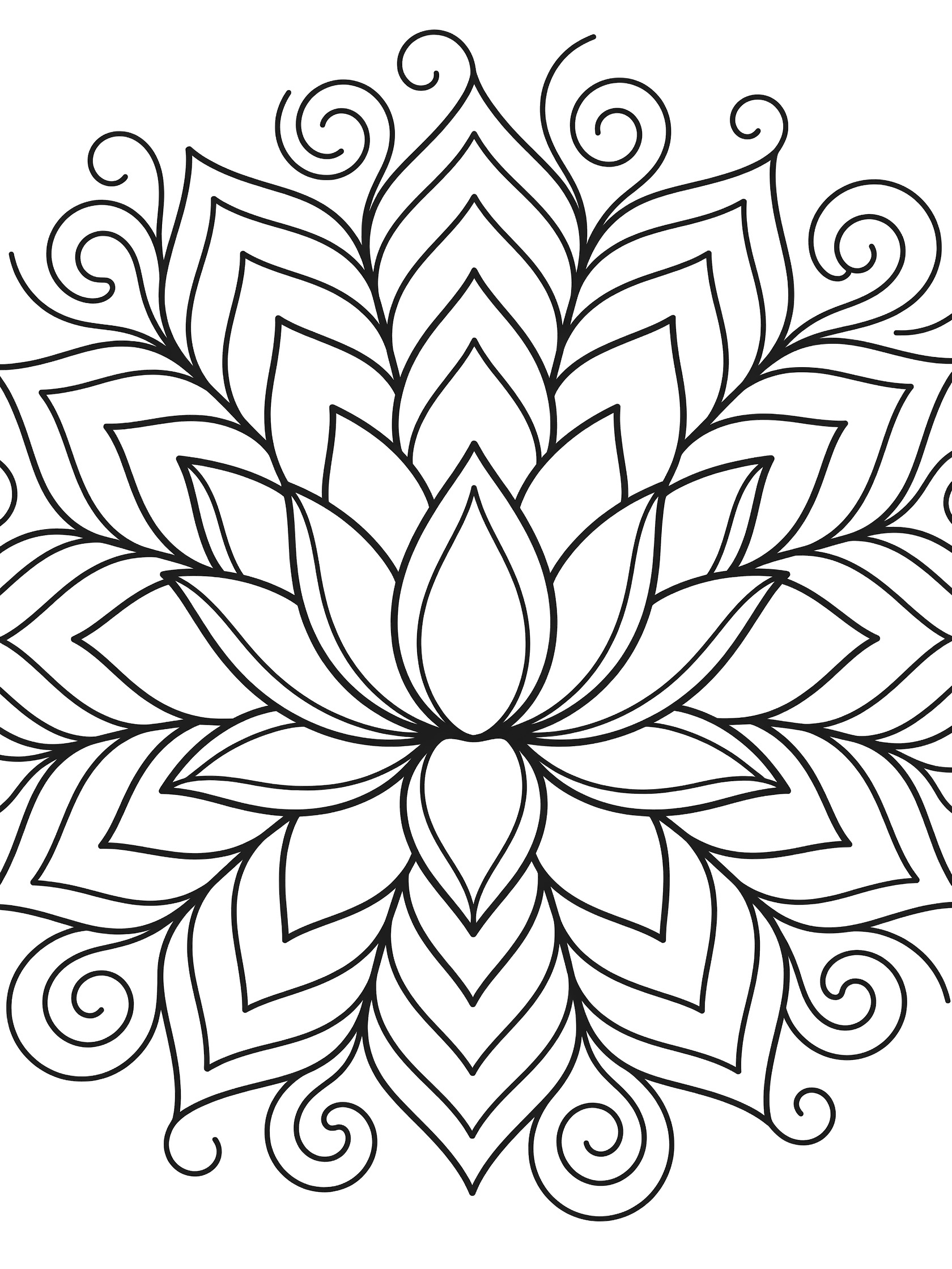 Black and white line art of a symmetric lotus flower mandala with layered petals and swirling doodle extensions, printable coloring page. Lotus Mandala themed black and white printable line art