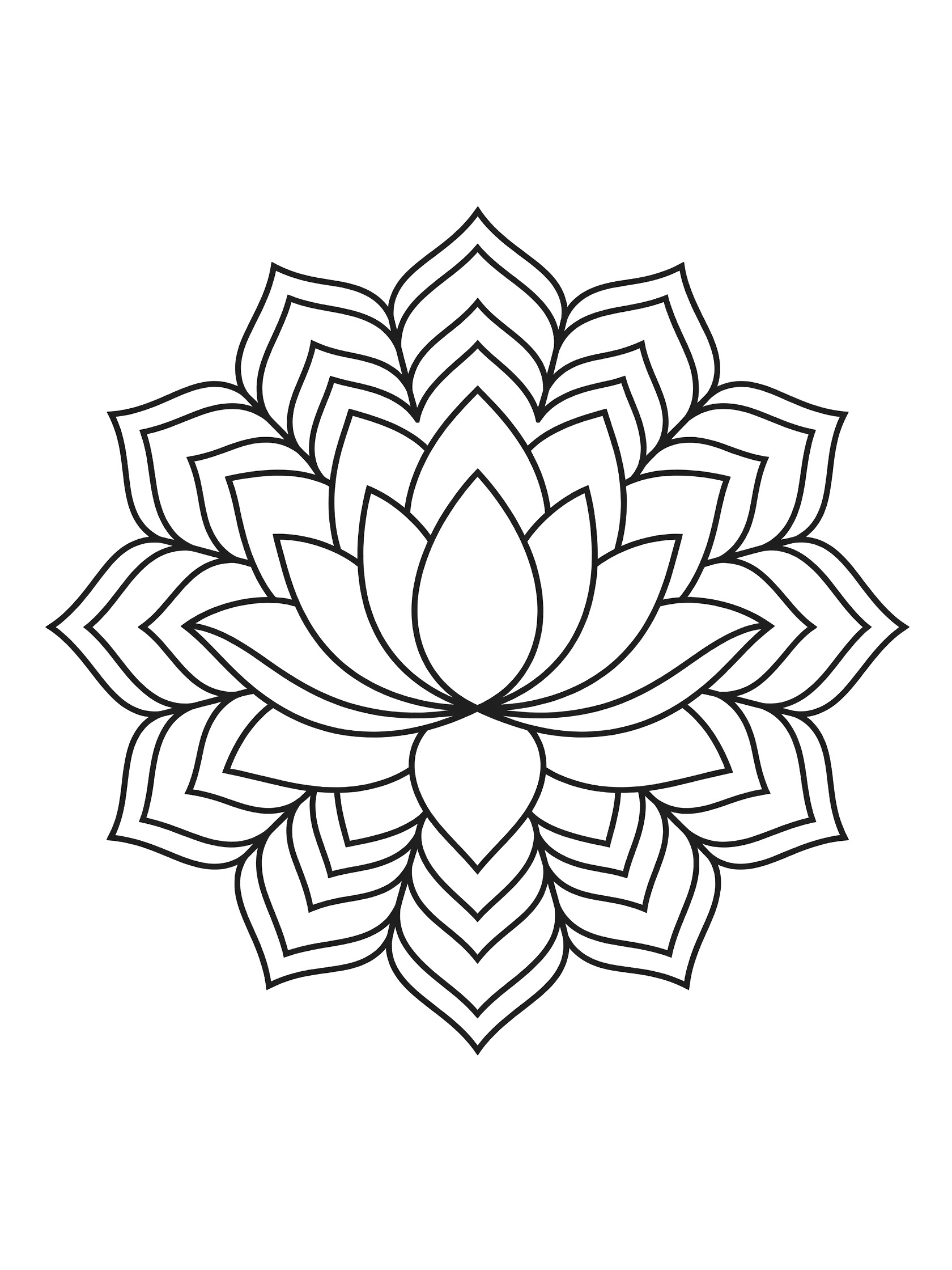 Symmetrical black line art coloring page of a lotus flower mandala with layered rounded petals and repeating patterns, centered on pure white background. Lotus Mandala themed black and white printable line art