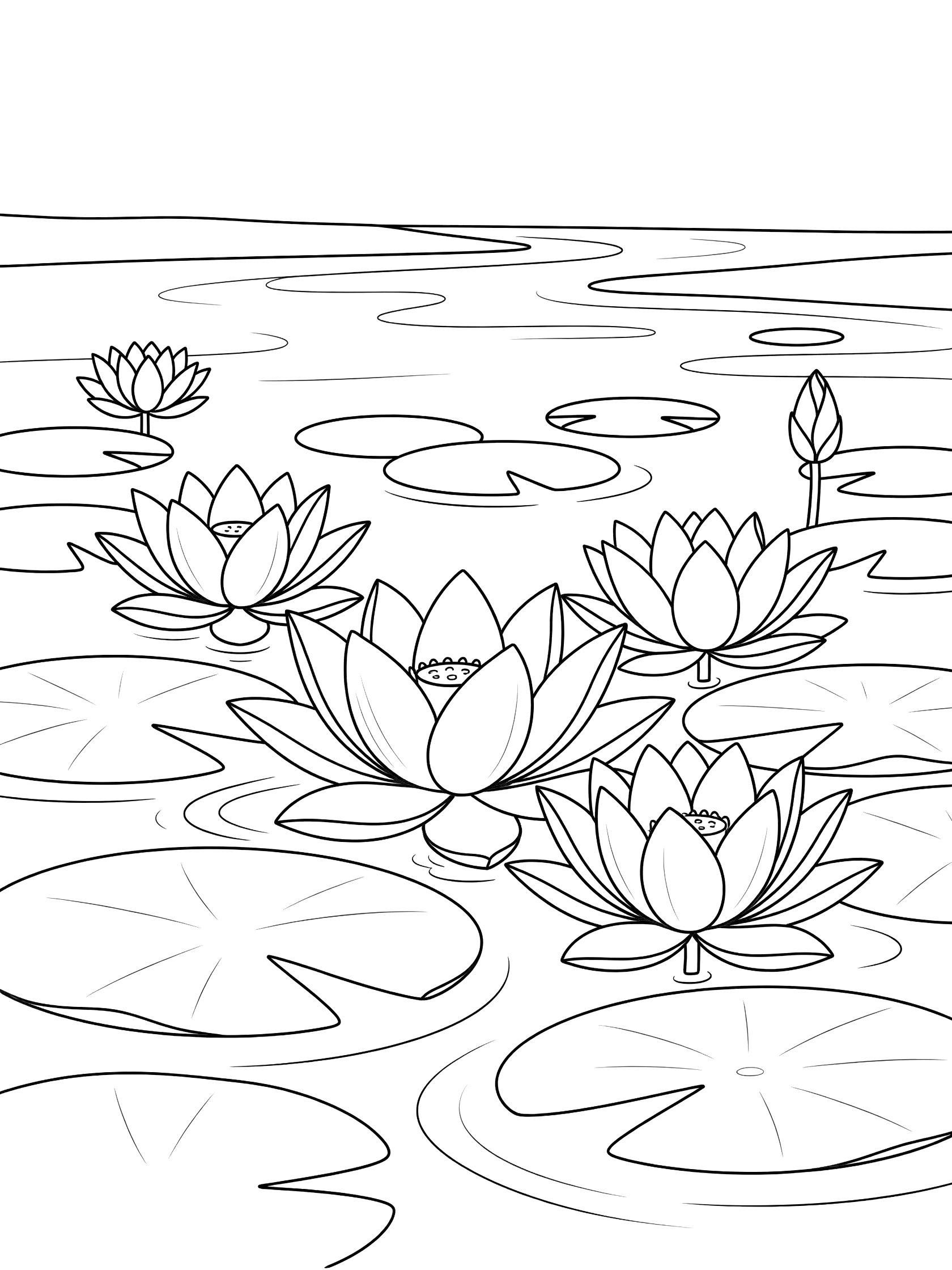 Black and white line drawing of several lotus flowers with petals and centers on lily pads in rippling water. Ganges River themed black and white printable line art