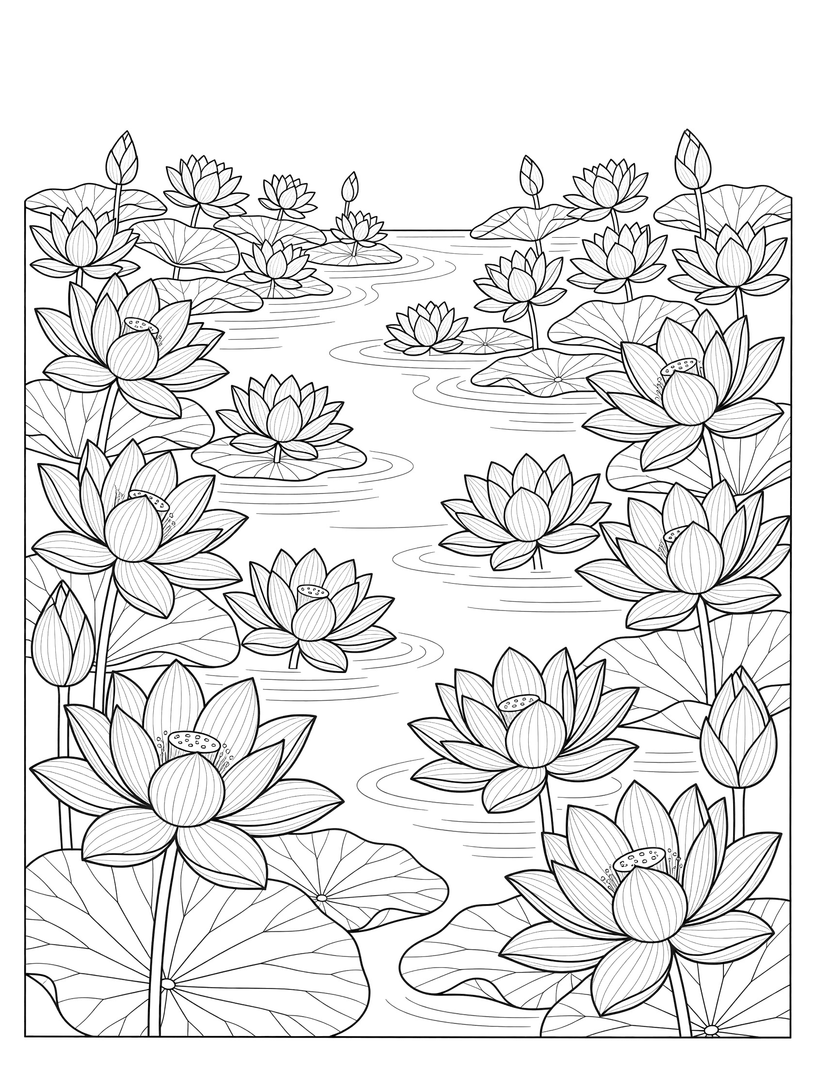 Black and white line art coloring page showing many lotus flowers with detailed petals and buds on large leaves floating in a wavy river. The Nile River themed black and white printable line art
