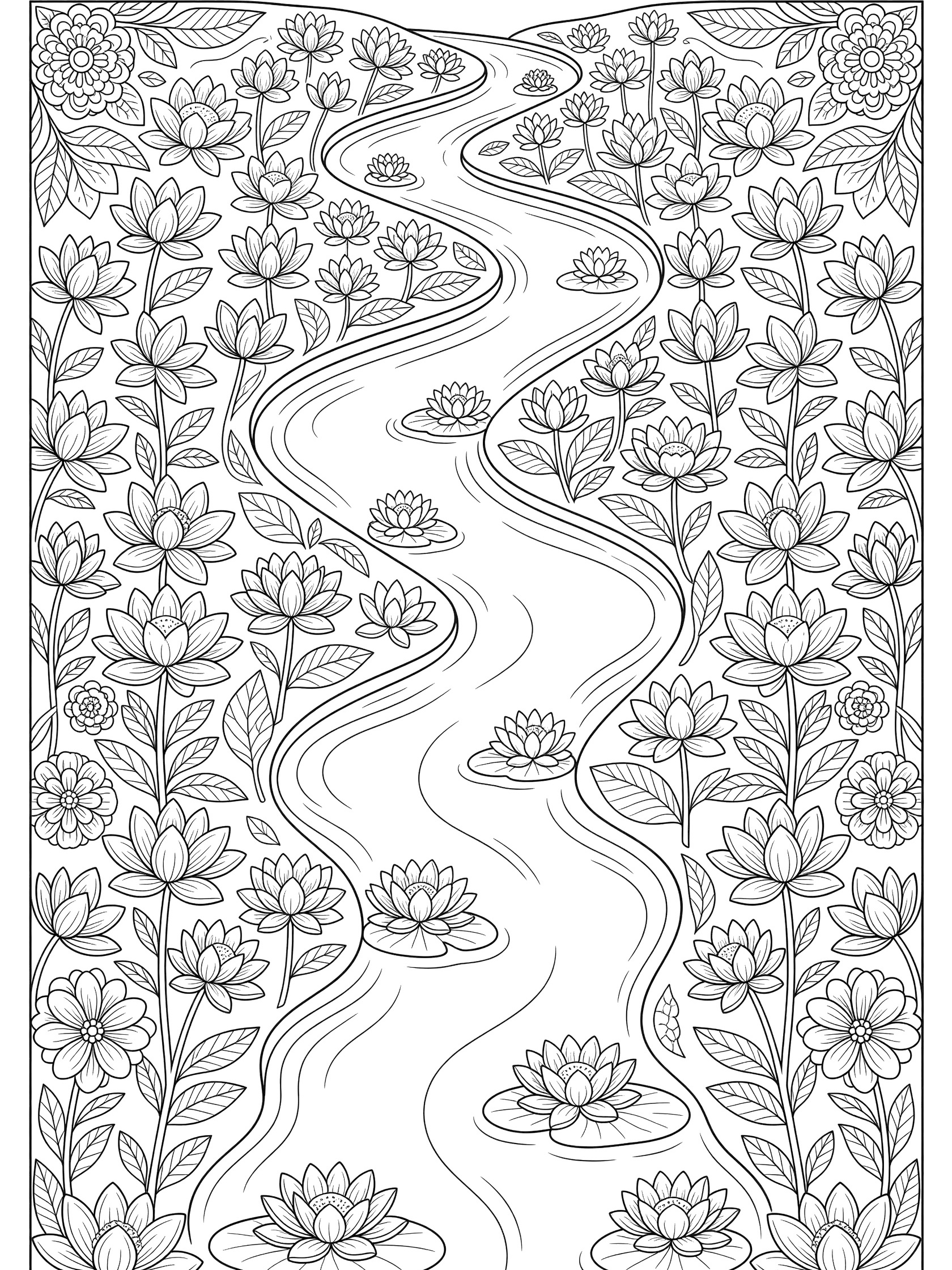 Black and white line art coloring page of a winding stream with floating lotus flowers, blooming lotus flowers and leaves in repeating patterns on both sides. Euphrates River themed black and white printable line art